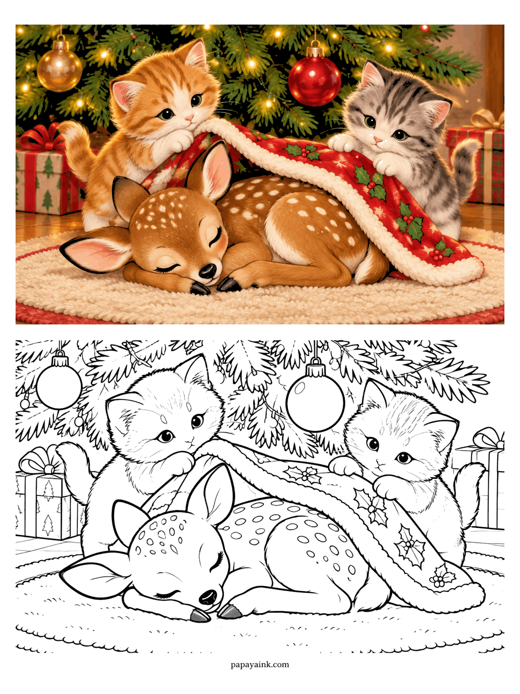 Cute Christmas Coloring Pages - Two kittens pull a holly blanket over a sleeping fawn on a rug beneath the Christmas tree.