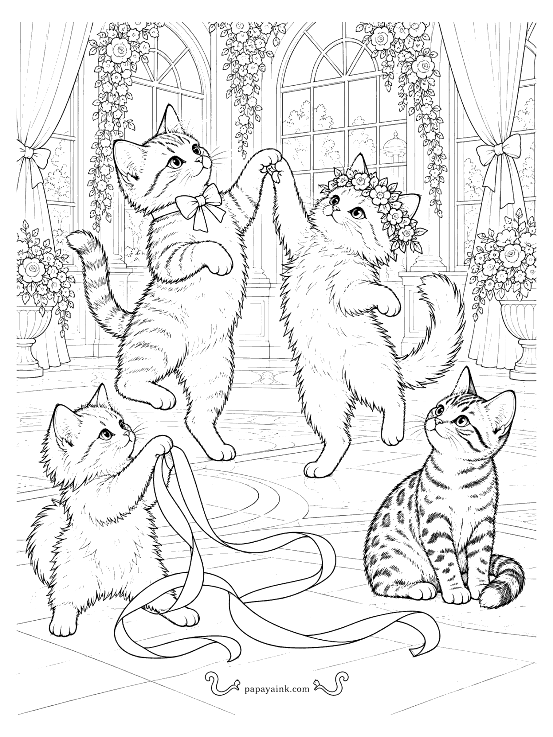 Kitten Coloring Pages - Two kittens waltzing paw in paw in a flower-draped ballroom, with a ribbon-twirling kitten and a spotted Bengal kitten watching.