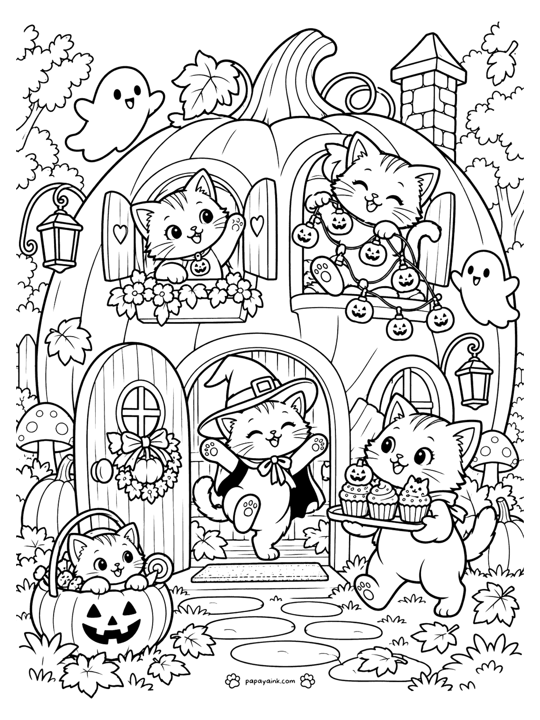 Halloween Cat Coloring Pages - Kittens hanging pumpkin lights and carrying cupcakes at a two-story pumpkin house with a witch kitten dancing in the doorway. Detailed.