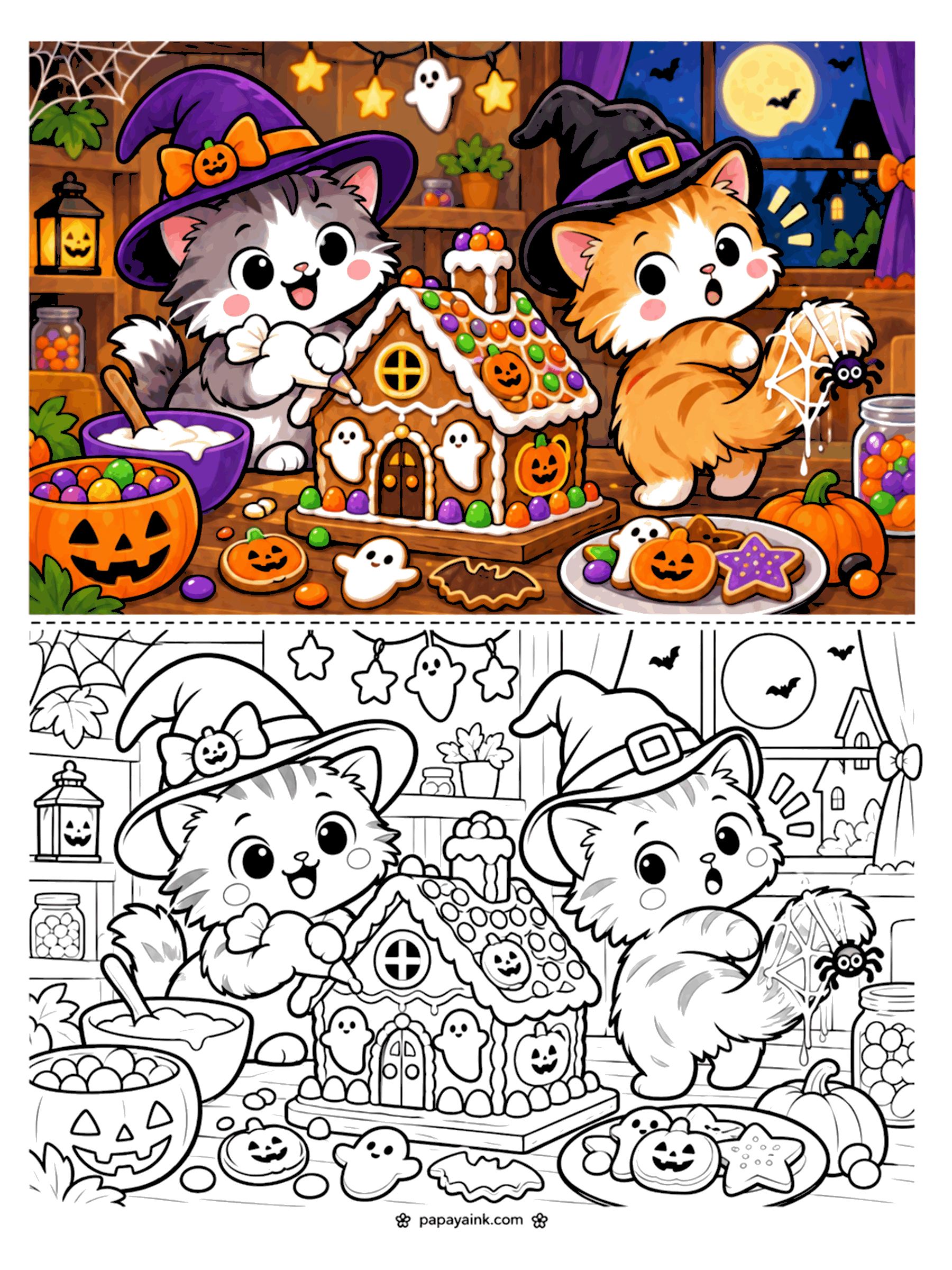 Easy Cute Halloween Coloring Pages - Two kittens in witch hats decorating a Halloween gingerbread house (Detailed)