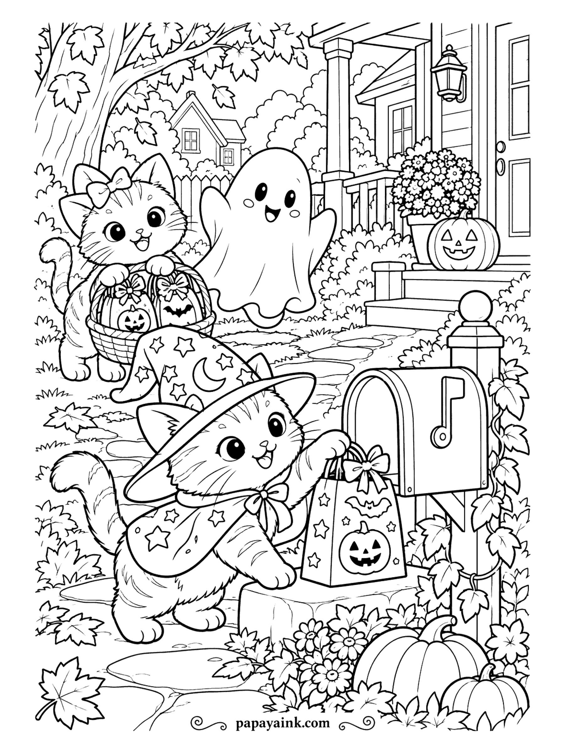 Halloween Cat Coloring Pages - Goodie bag delivery on the walk up to the porch: the wizard kitten slips one into the mailbox, his sister carries a basket of them, and a ghost checks that someone is home. A quiet, leafy street with plenty of foliage to color.
