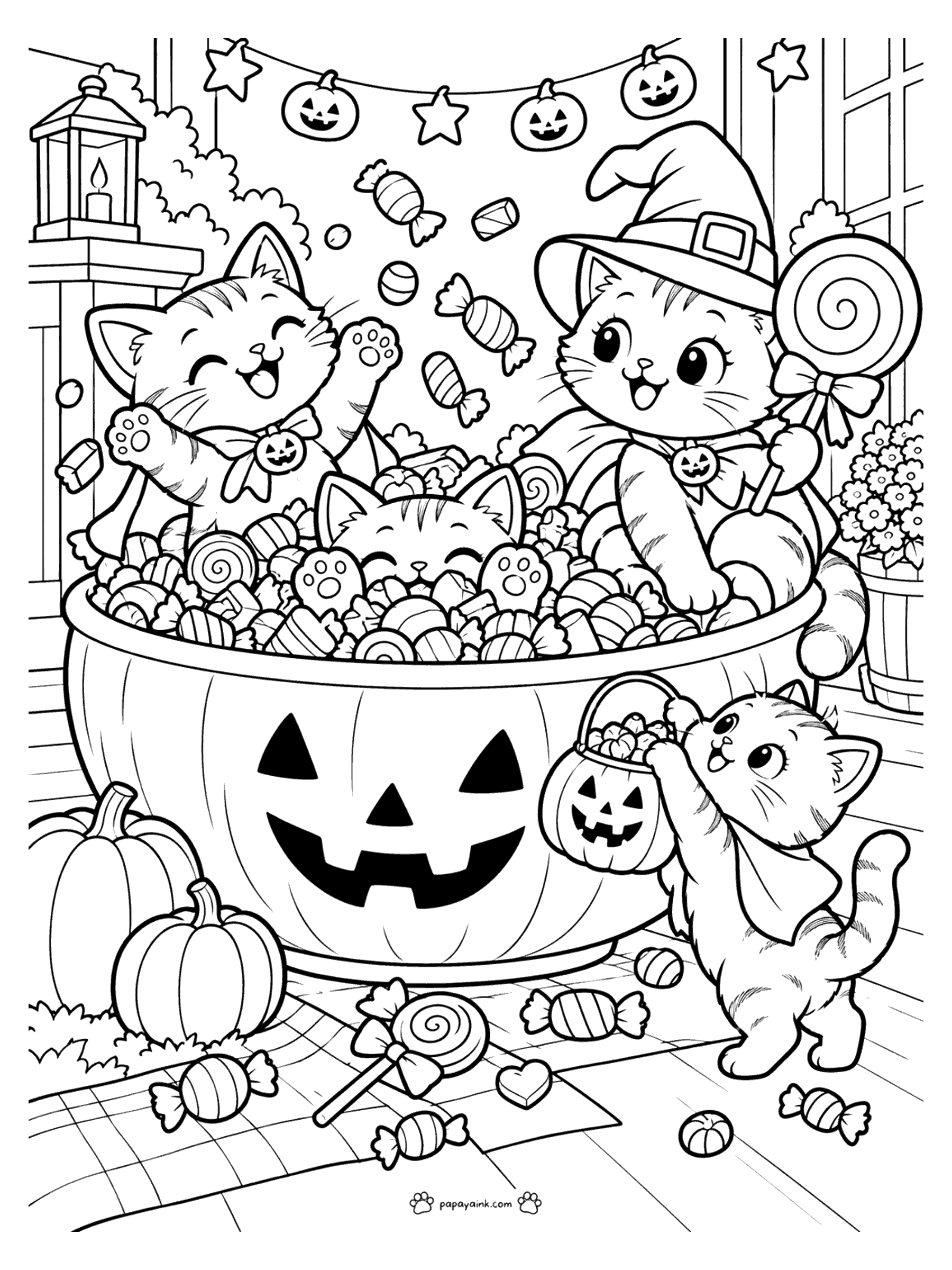 Halloween Cat Coloring Pages - Kittens swimming in a giant jack-o-lantern bowl of Halloween candy while a witch kitten waves a lollipop.