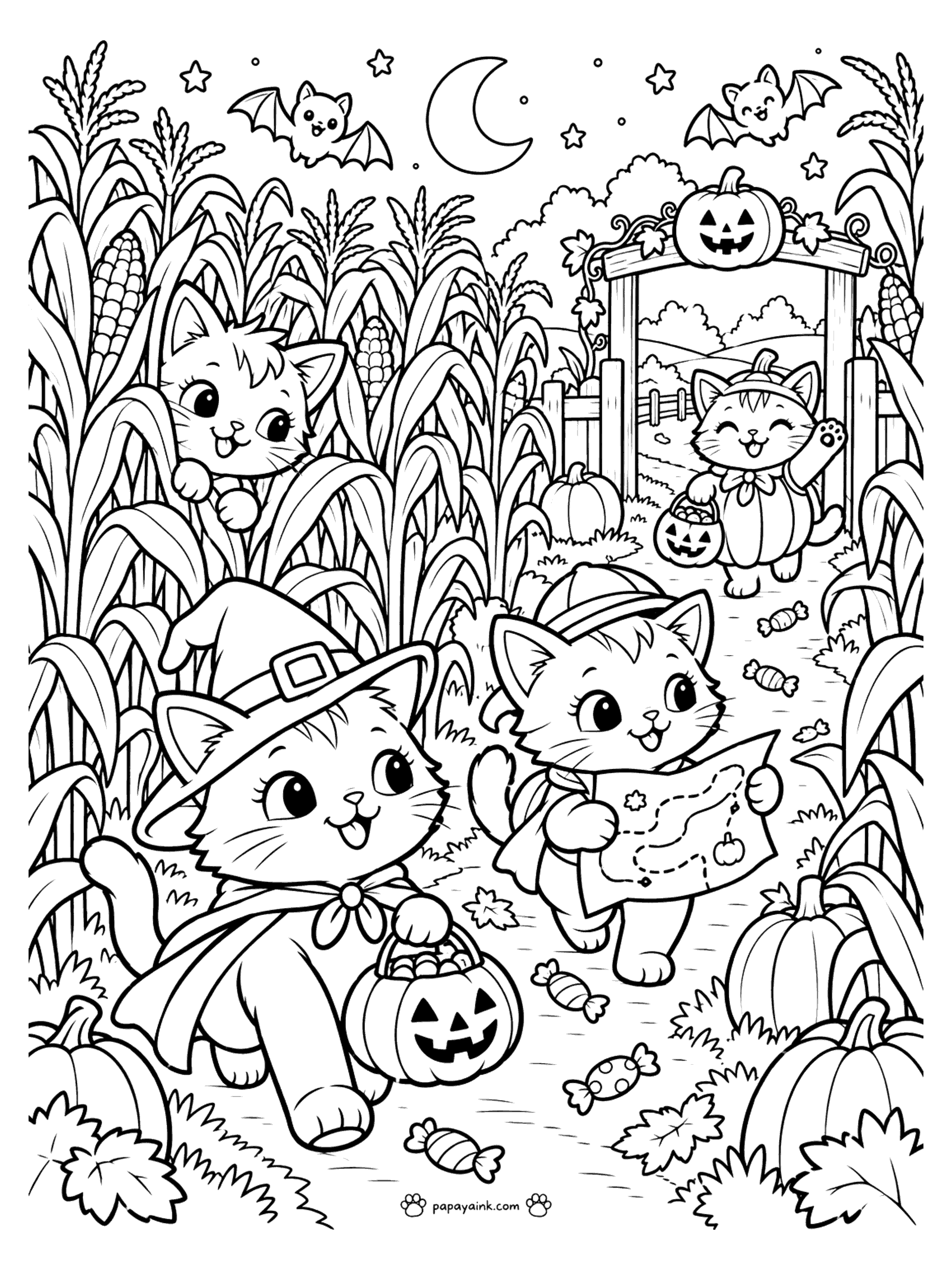 Halloween Cat Coloring Pages - A witch kitten and a friend with a map exploring a corn maze by moonlight, candy scattered along the path. Detailed.