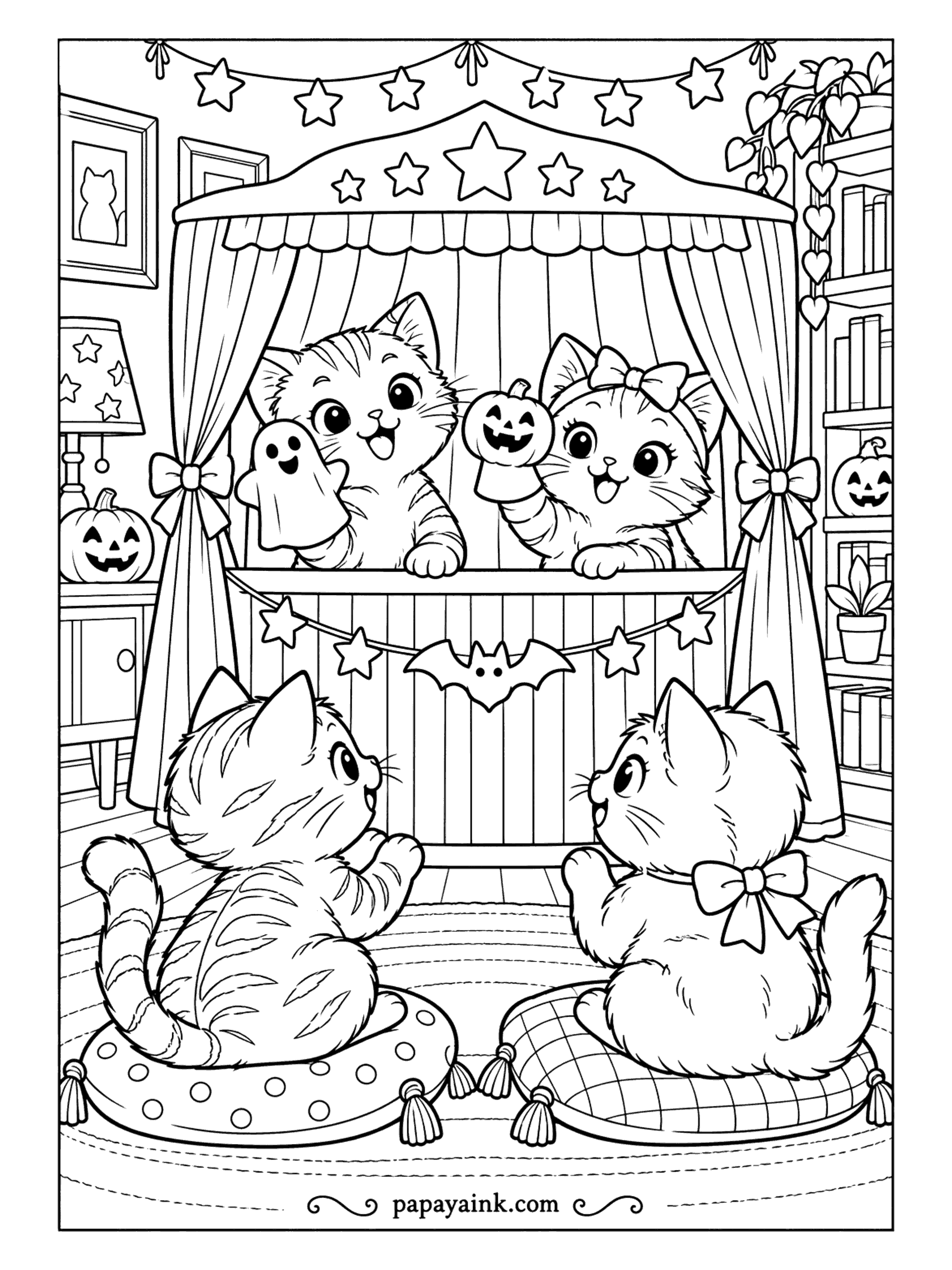 Halloween Cat Coloring Pages - The puppet show has a ghost puppet, a pumpkin puppet and two kittens working them from behind a star-trimmed curtain. The audience sits on cushions in the front row, paws up. Keep the stage stripes in two colors so the puppets stand out.