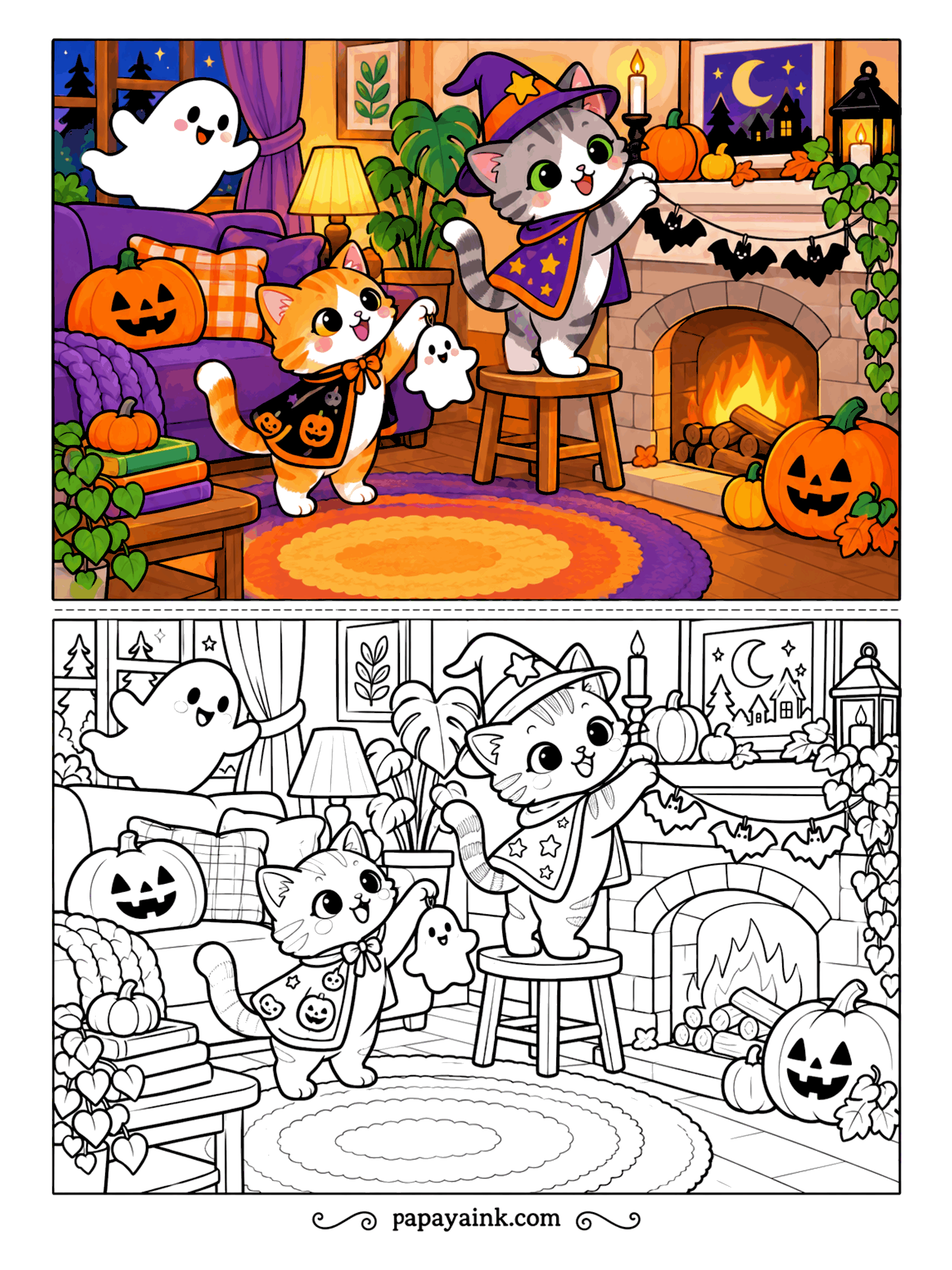 Halloween Cat Coloring Pages - Standing on a stool, the gray kitten strings a bat garland along the mantel, and the orange one hands up a paper ghost. Fire in the grate, pumpkins on the purple sofa, a moon in the window. Detailed - books, plants and a braided rug.