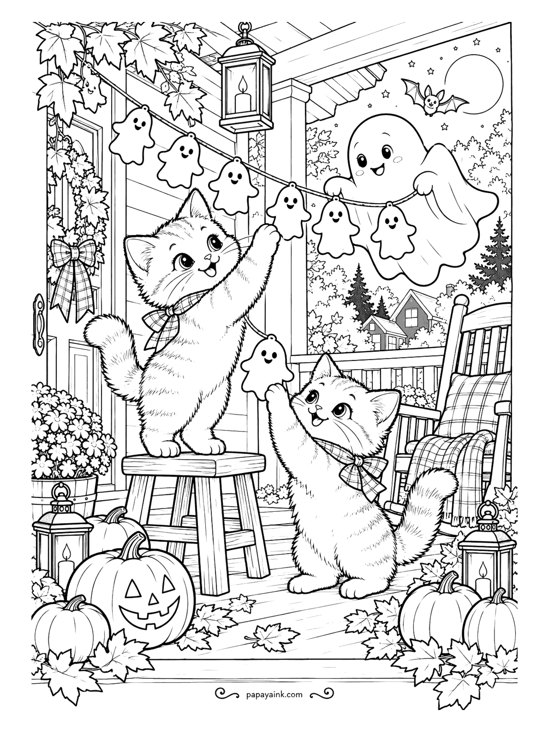 Halloween Cat Coloring Pages - A string of paper ghosts goes up along the porch. The kitten on the stool pins the last one while her friend hands up another, a real ghost checks the spacing, and a bat watches from the moon. Rocking chair, lanterns, leaves.