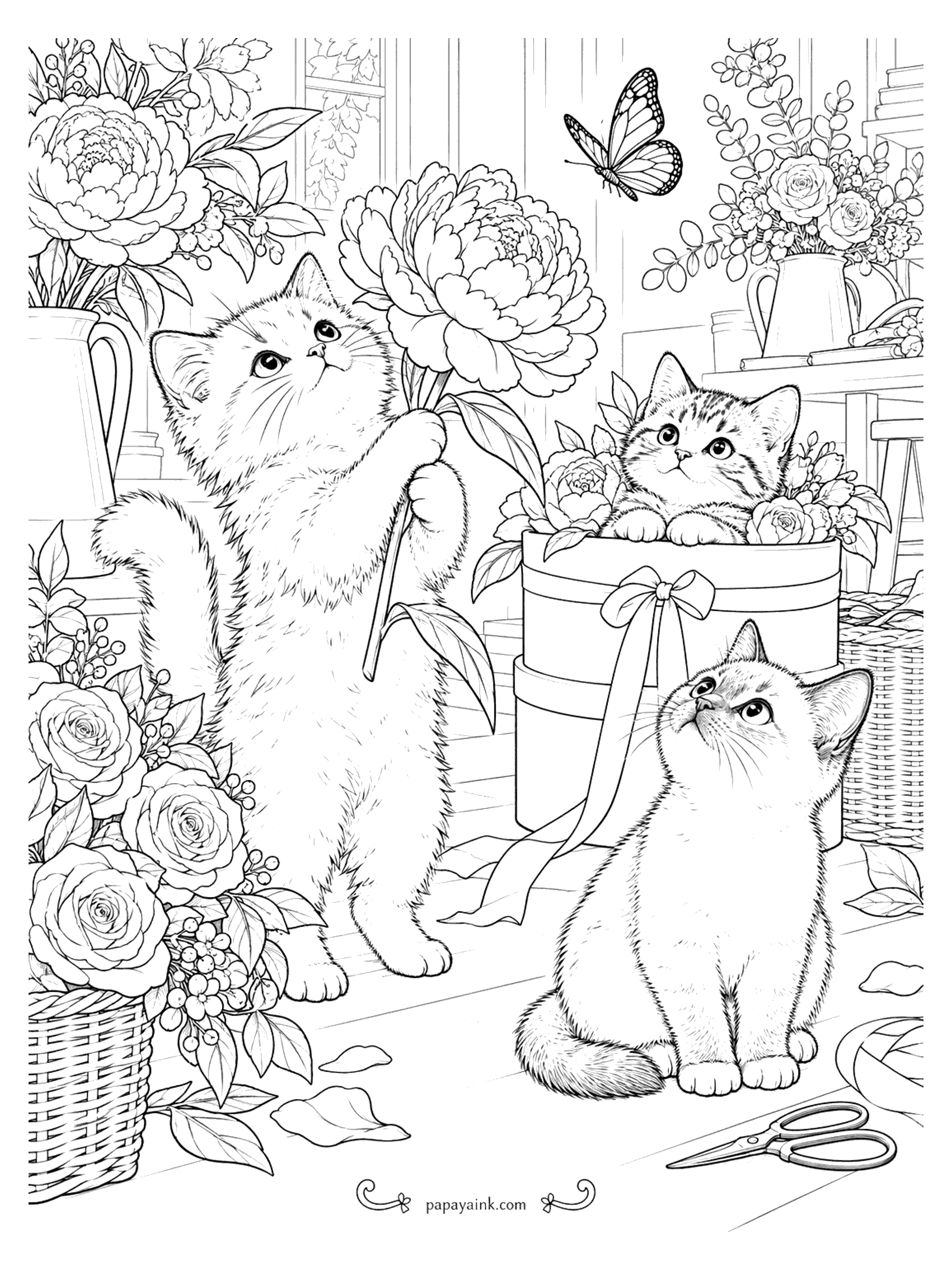 Kitten Coloring Pages - A kitten standing up to sniff a huge peony in a flower shop, with friends in a hat box and a butterfly overhead.
