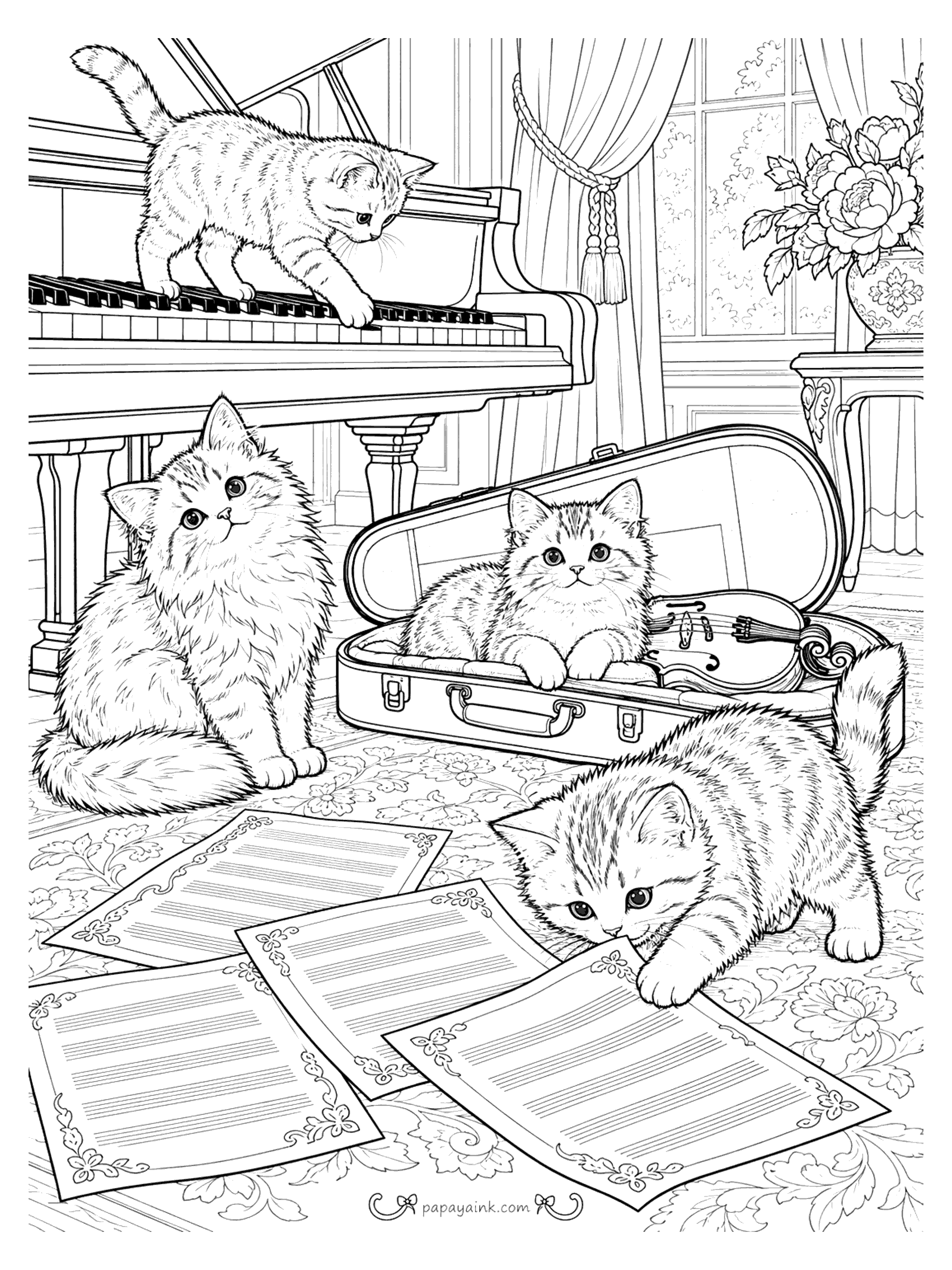 Kitten Coloring Pages - Kittens in a music room: one walking across the piano keys, one napping in a violin case, one pawing at sheet music on the rug.