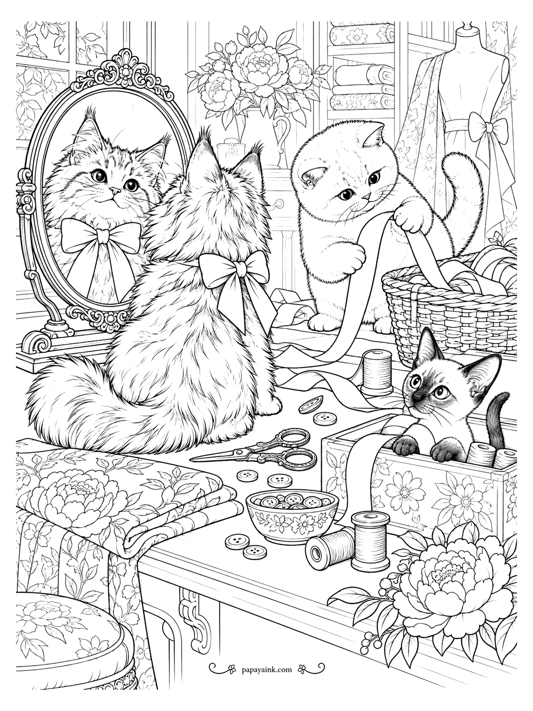 Kitten Coloring Pages - Three kittens in a sewing room: a fluffy kitten with a bow admiring itself in an oval mirror, another tangling a ribbon, a third peeking from a box of spools. Detailed.