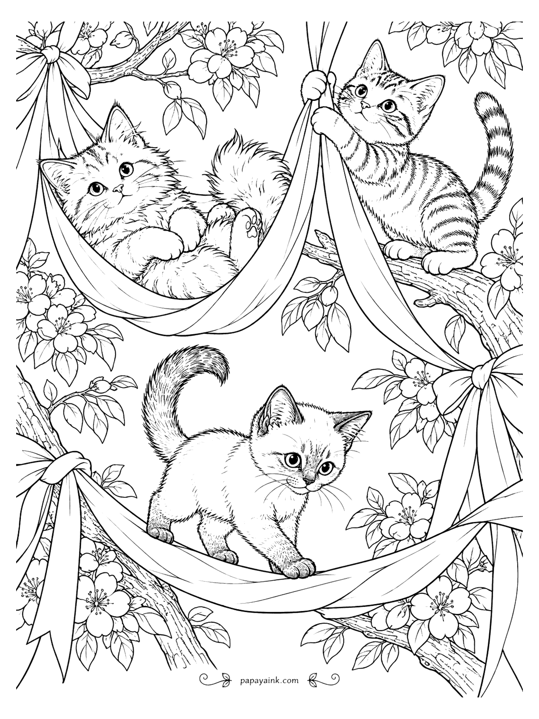 Kitten Coloring Pages - Kittens lounging in fabric hammocks strung between blossoming branches, one lying back with paws up, one balancing along the edge.