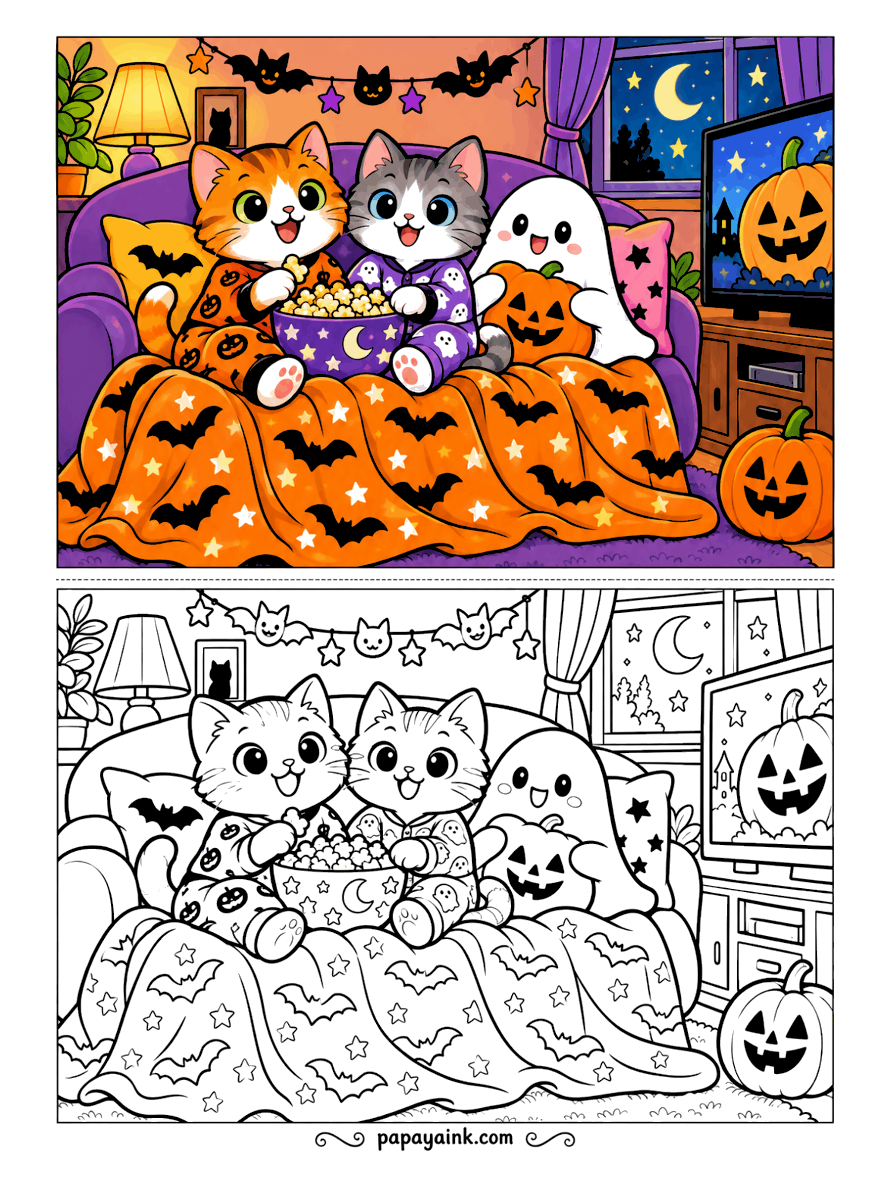 Halloween Cat Coloring Pages - Nobody is watching the movie. Two kittens in Halloween pajamas and a ghost are busy with the popcorn under a bat-print blanket, a jack-o-lantern glowing on the screen. Use two colors for the blanket so the bats stay visible.