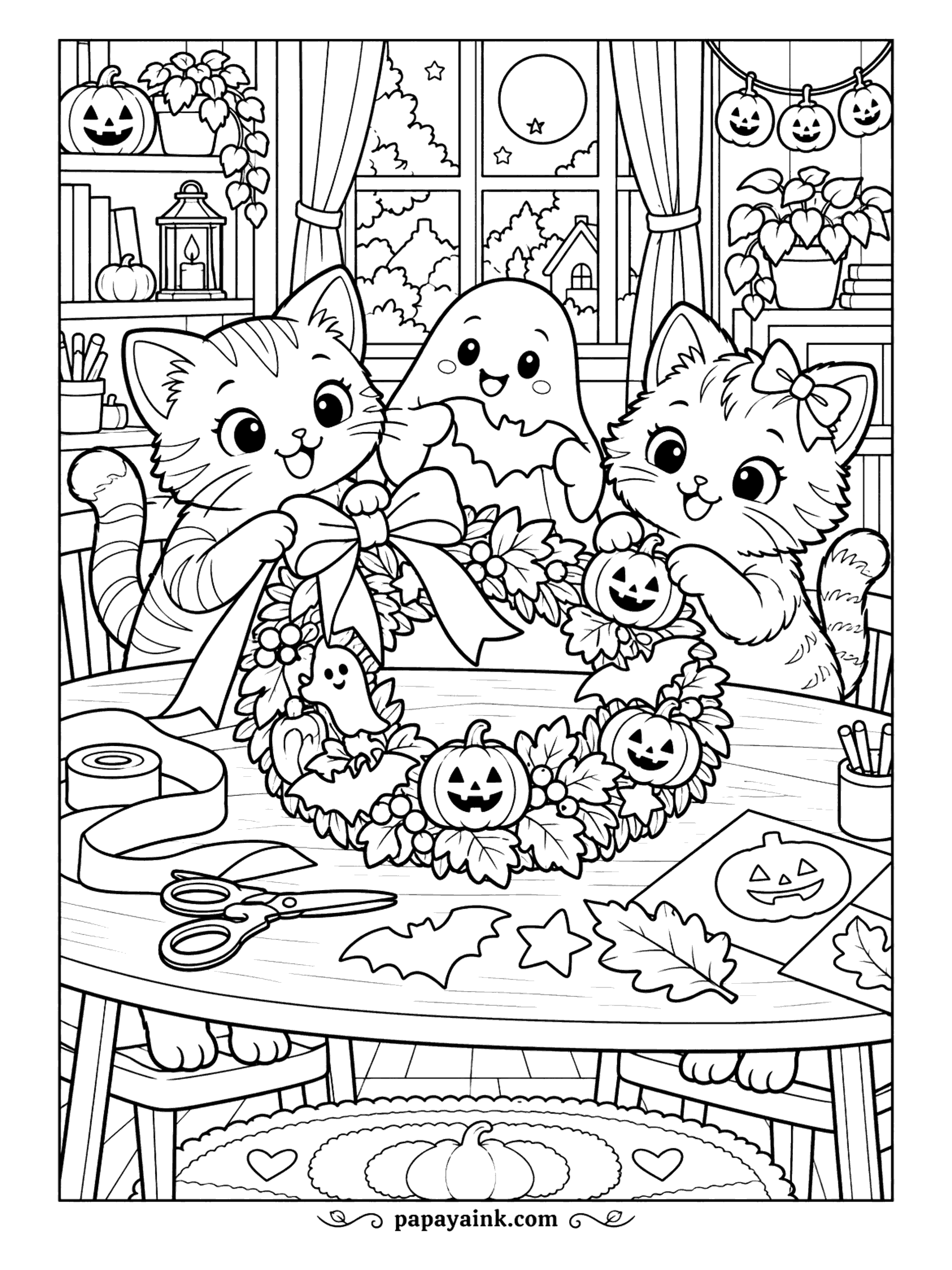 Halloween Cat Coloring Pages - The wreath needs a bow, and the tabby has the ribbon. The bow kitten adds a tiny pumpkin, the ghost supervises, and paper bats, scissors and tape sit within reach. Keep the wreath green and let the pumpkins carry the orange.