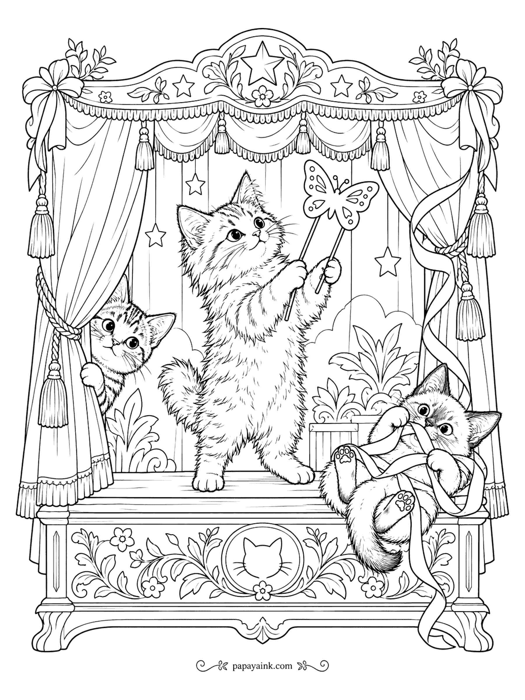 Kitten Coloring Pages - Kittens staging a puppet show: one holds a butterfly on a stick on a tasseled stage while two more peek from the curtains and play with ribbon.