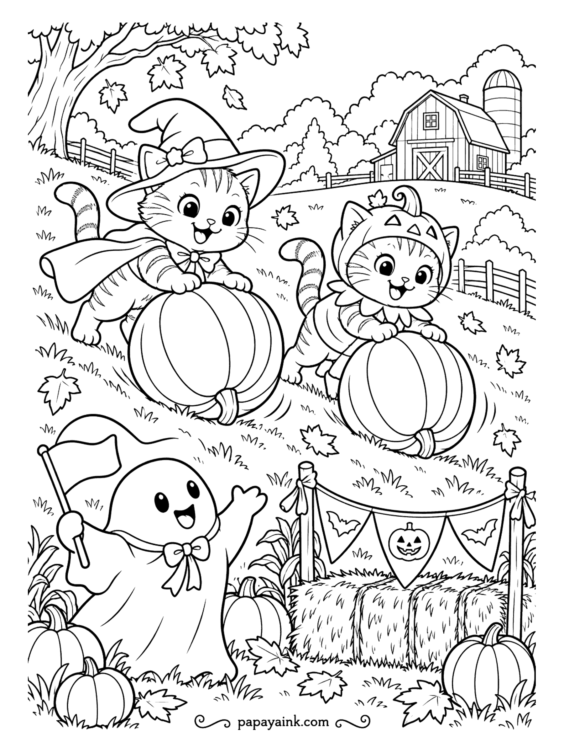 Halloween Cat Coloring Pages - Pumpkins roll faster downhill, which the witch kitten and the pumpkin-hat kitten have just discovered. A ghost with a flag starts the race by the hay bale, red barn and silo in the distance. Big round pumpkins are the easy part.