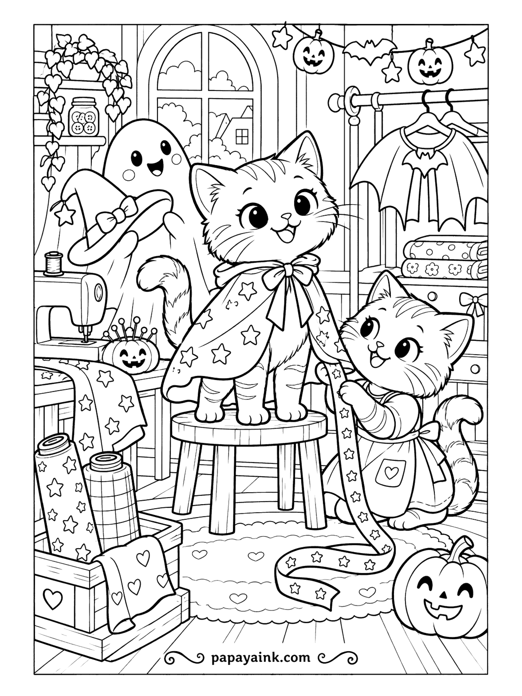 Halloween Cat Coloring Pages - A cape fitting in the sewing room. The kitten on the stool wears the star cape while her friend in the apron holds ribbon up to the hem, sewing machine behind. The ghost has the witch hat ready. Detailed - fabric patterns everywhere.