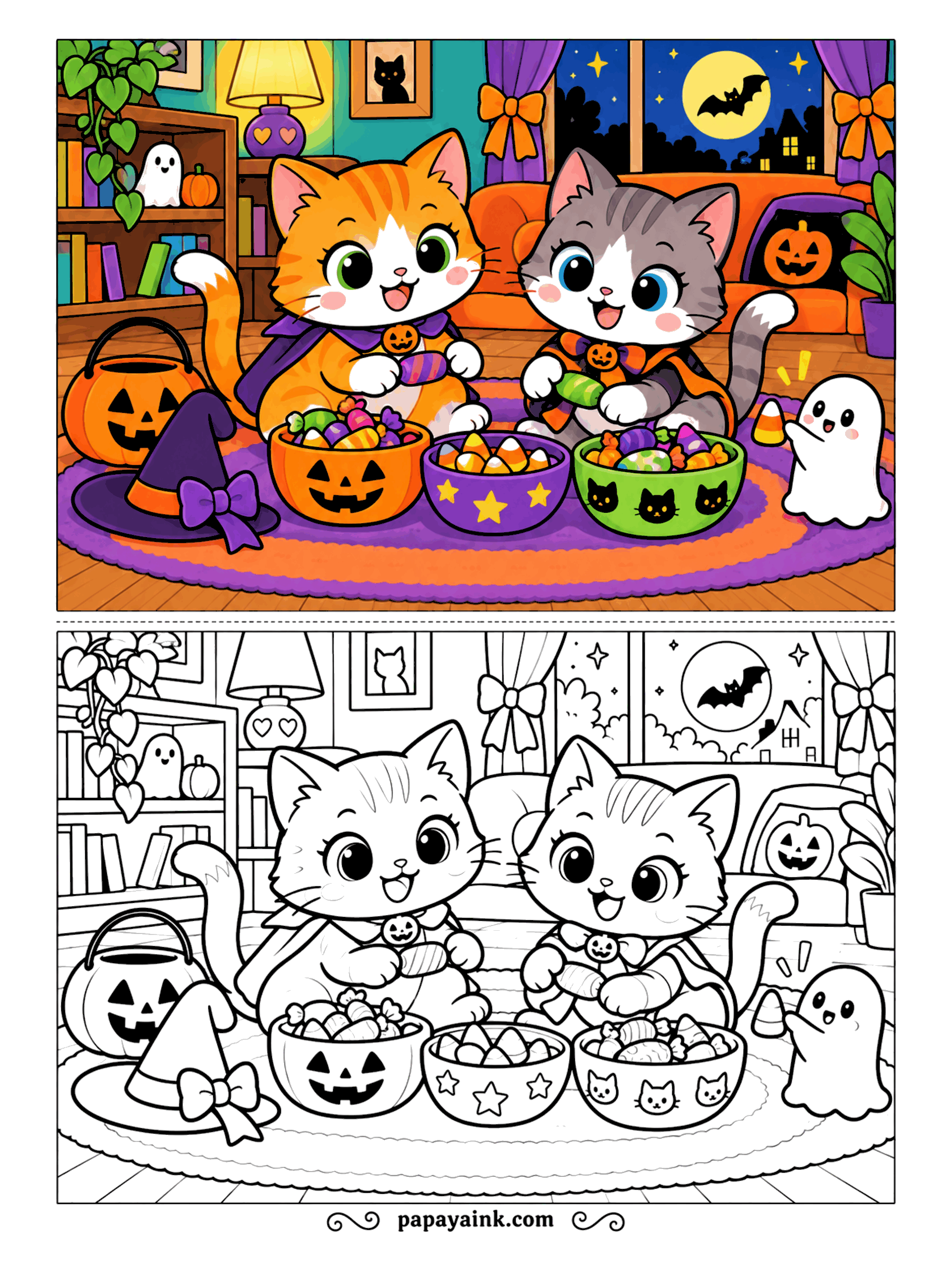 Halloween Cat Coloring Pages - Sorting the haul takes three bowls: pumpkin, star and cat. Two kittens in capes work through the pile on the braided rug while a small ghost reaches for a candy corn. Fill the wrappers in as many colors as you can find.