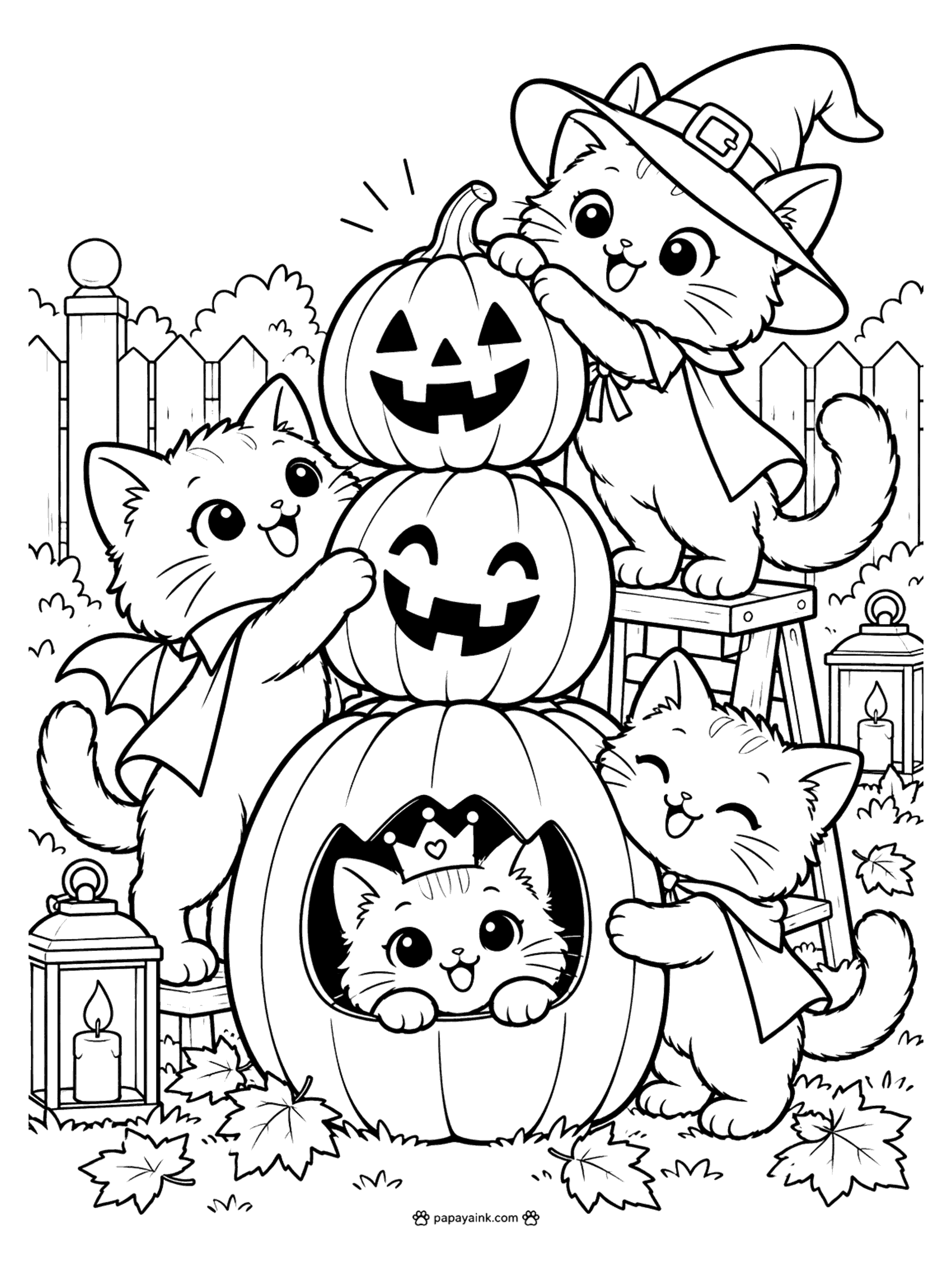 Halloween Cat Coloring Pages - Costumed kittens building a jack-o-lantern tower in a fenced garden, with a crowned kitten peeking out of the bottom pumpkin.