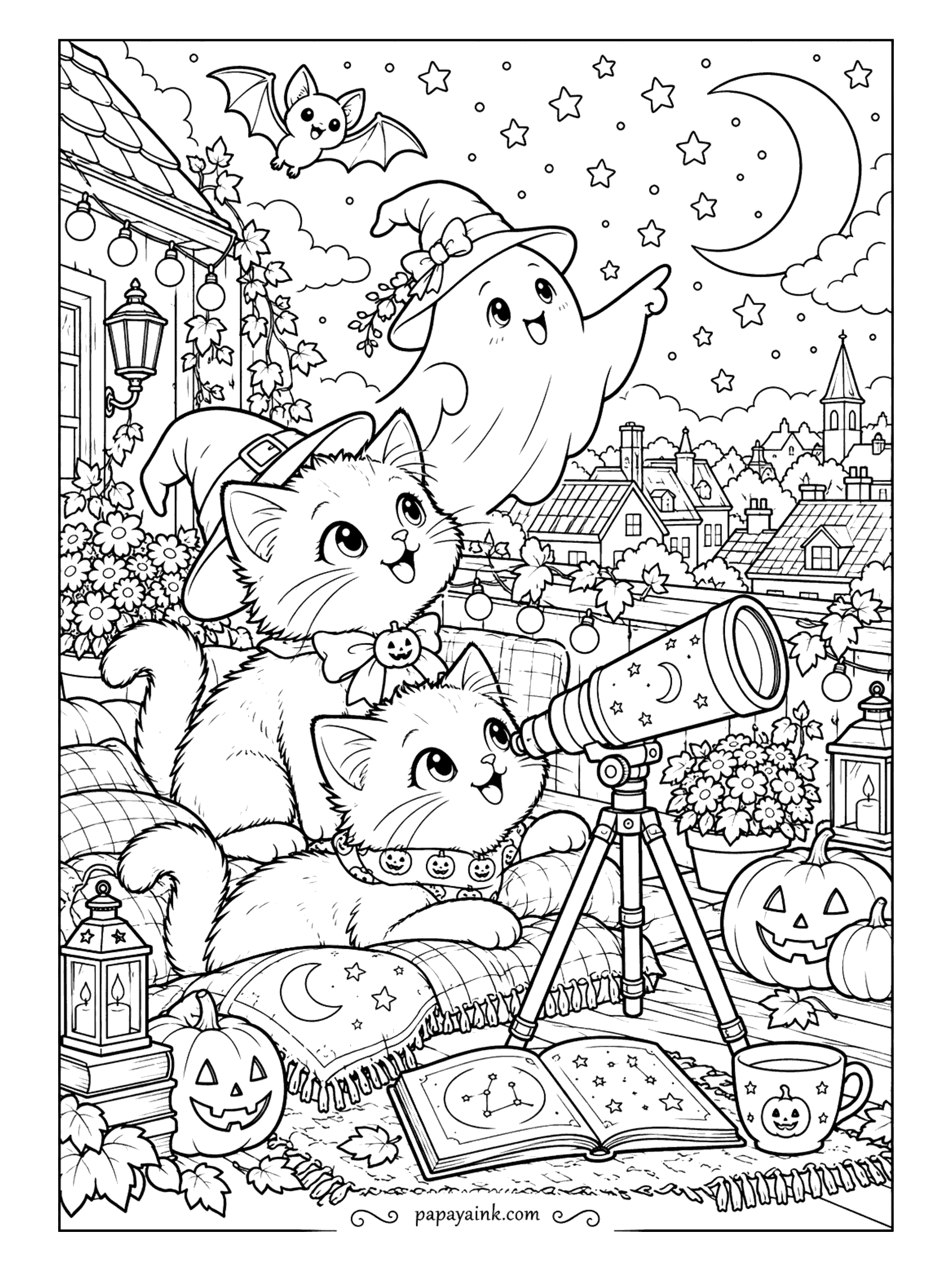 Halloween Cat Coloring Pages - Clear skies on Halloween night. Two kittens in witch hats share a telescope on a balcony cushion, a ghost points at the moon, and a star chart lies open beside the lantern. Rooftops of the town below. Dark sky with white stars works well here.