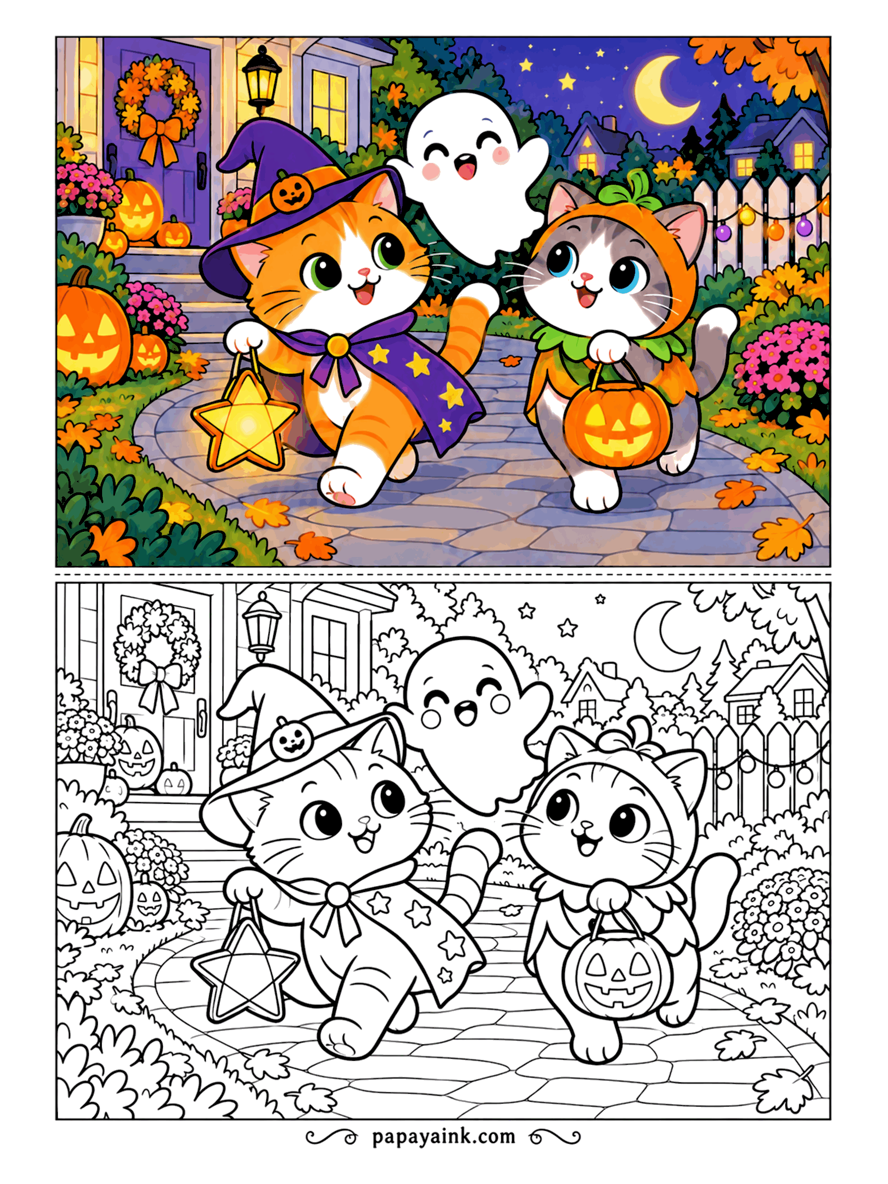 Halloween Cat Coloring Pages - A star lantern lights the garden path. The cat in the star cape carries it, the kitten in a pumpkin hood swings a candy bucket, and a ghost bobs between them under a crescent moon. Fairy lights on the fence, pumpkins on the steps.