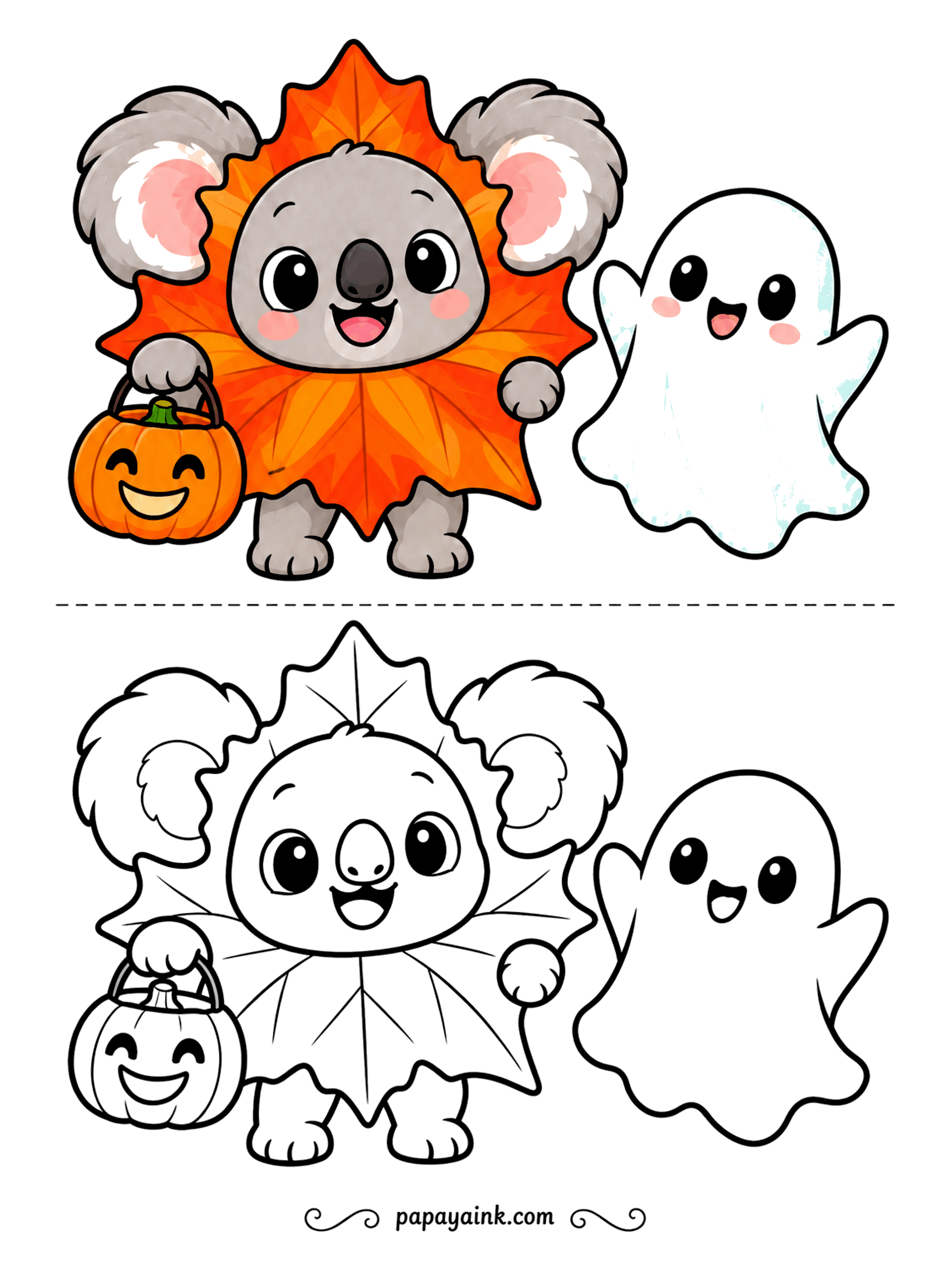 Easy Cute Halloween Coloring Pages - Costume of the year: the koala wears a giant maple leaf like a cape and carries a pumpkin bucket for the haul. The ghost approves. Fill the leaf with streaks of red, orange and yellow for a true autumn look.
