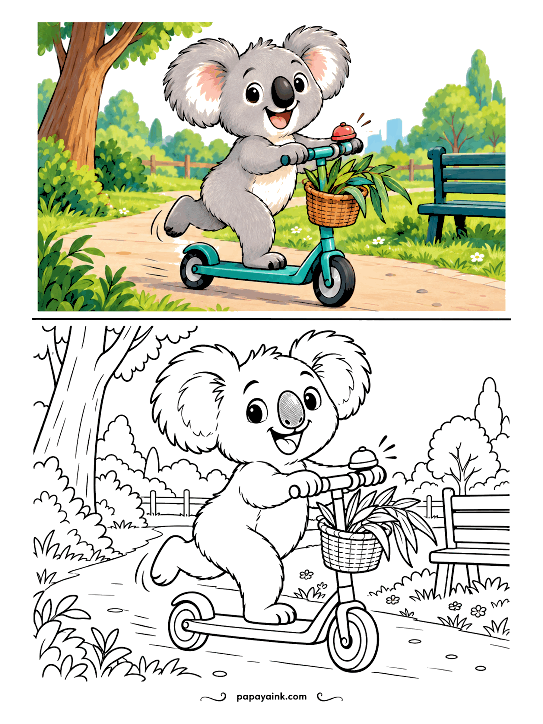 Copy Coloring Pages - The bell on the handlebar says the koala is coming through. It kicks its scooter along a park path, a basket of eucalyptus up front and a bench behind. Gray fur, fluffy white ear tufts and a teal scooter.