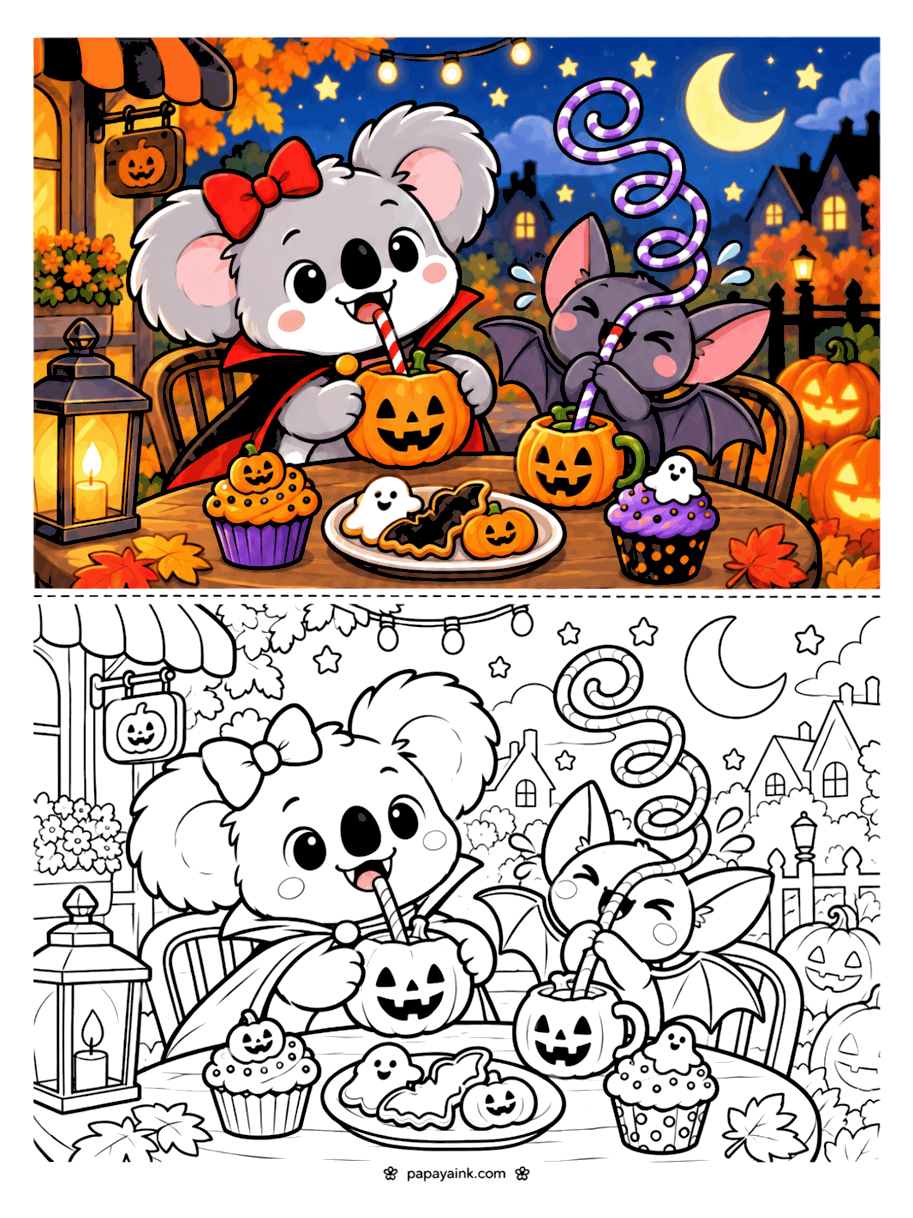 Easy Cute Halloween Coloring Pages - Koala vampire and bat sipping pumpkin drinks with a plate of Halloween cookies