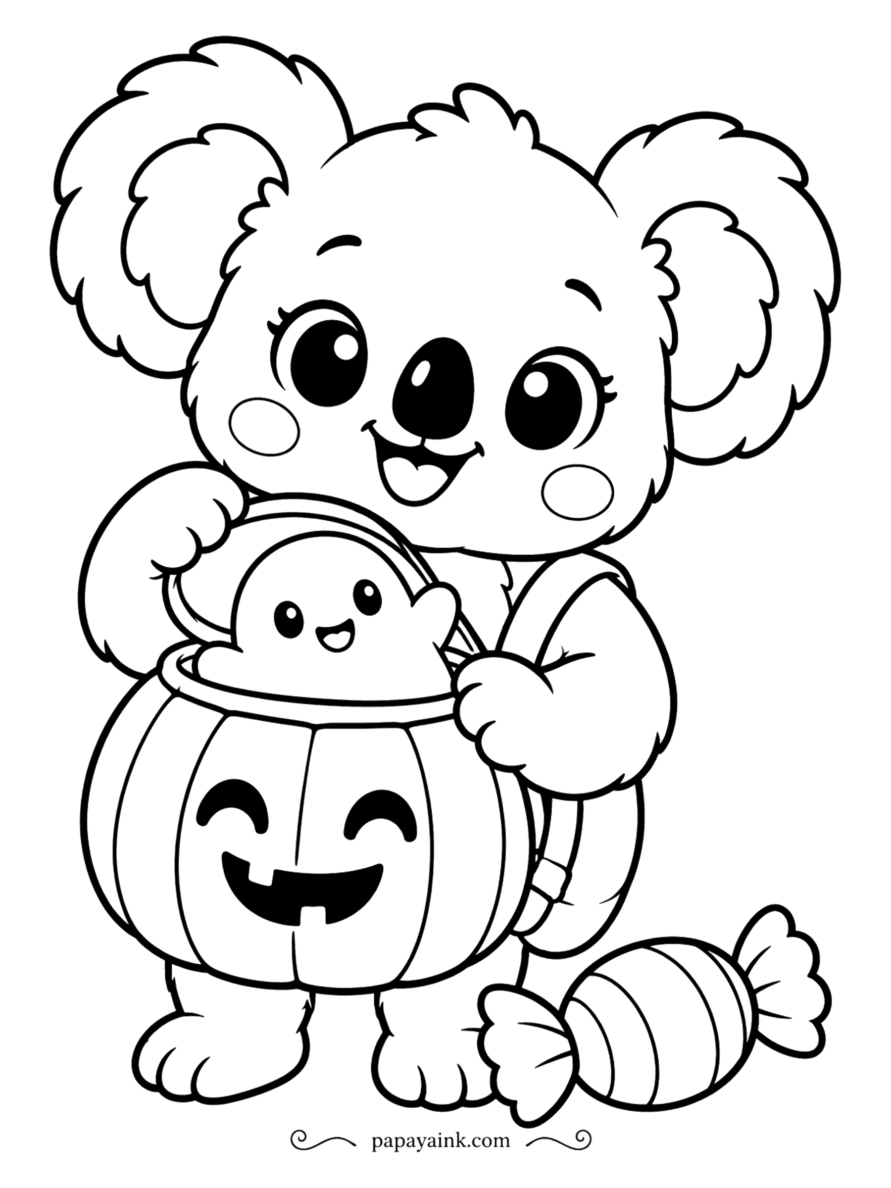 Easy Cute Halloween Coloring Pages - A koala with a pumpkin bucket almost as big as itself, a ghost poking out of the top and a striped candy by its feet. Fluffy ears and a round nose: gray for the fur, then the bucket in the loudest orange you have.