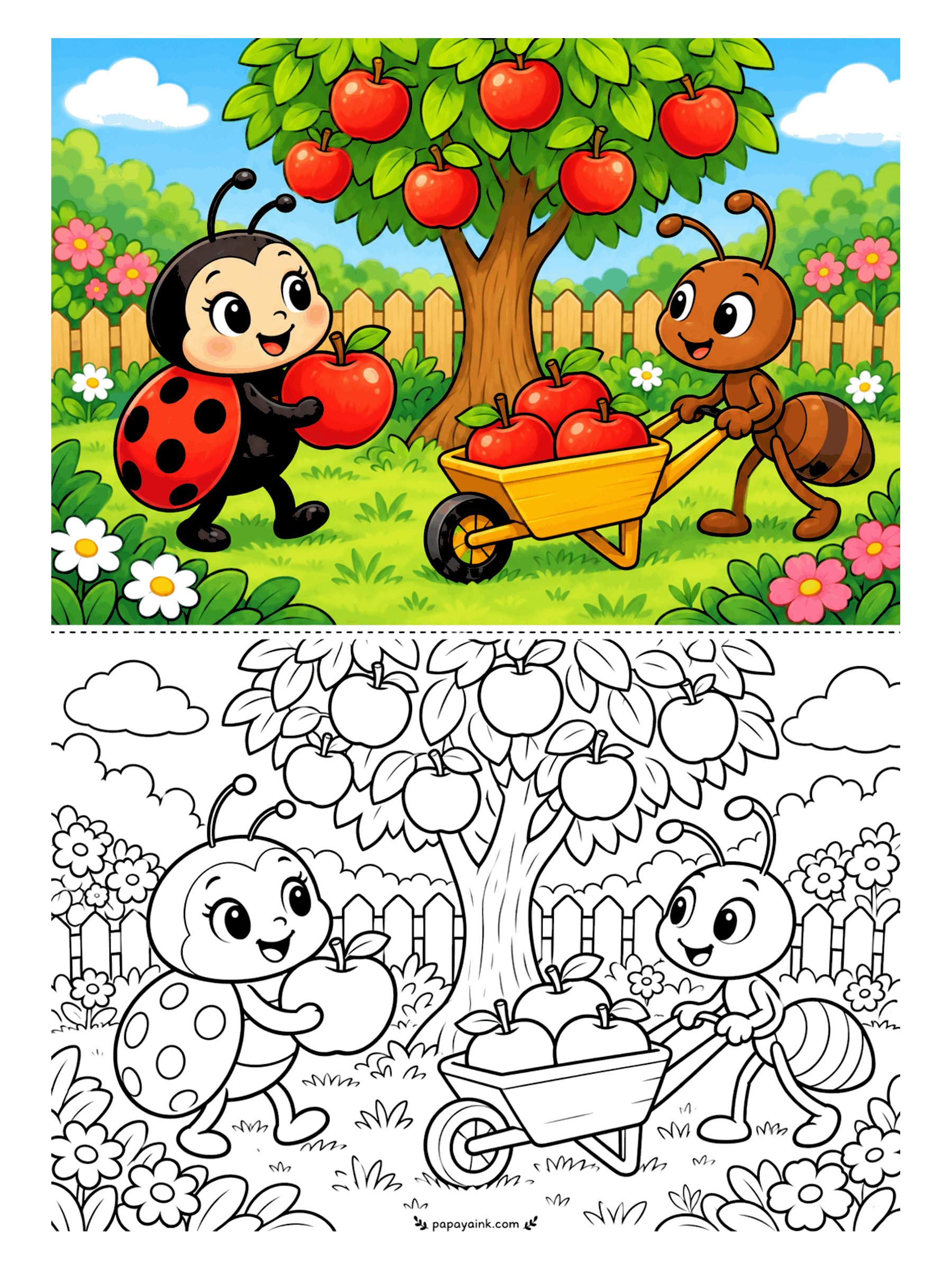 Ladybug Coloring Pages - Apple picking goes faster with a wheelbarrow. The ladybug hugs an apple nearly as big as she is, and the ant pushes a load piled high under the tree. Simple, roomy shapes with a few leafy details on top.