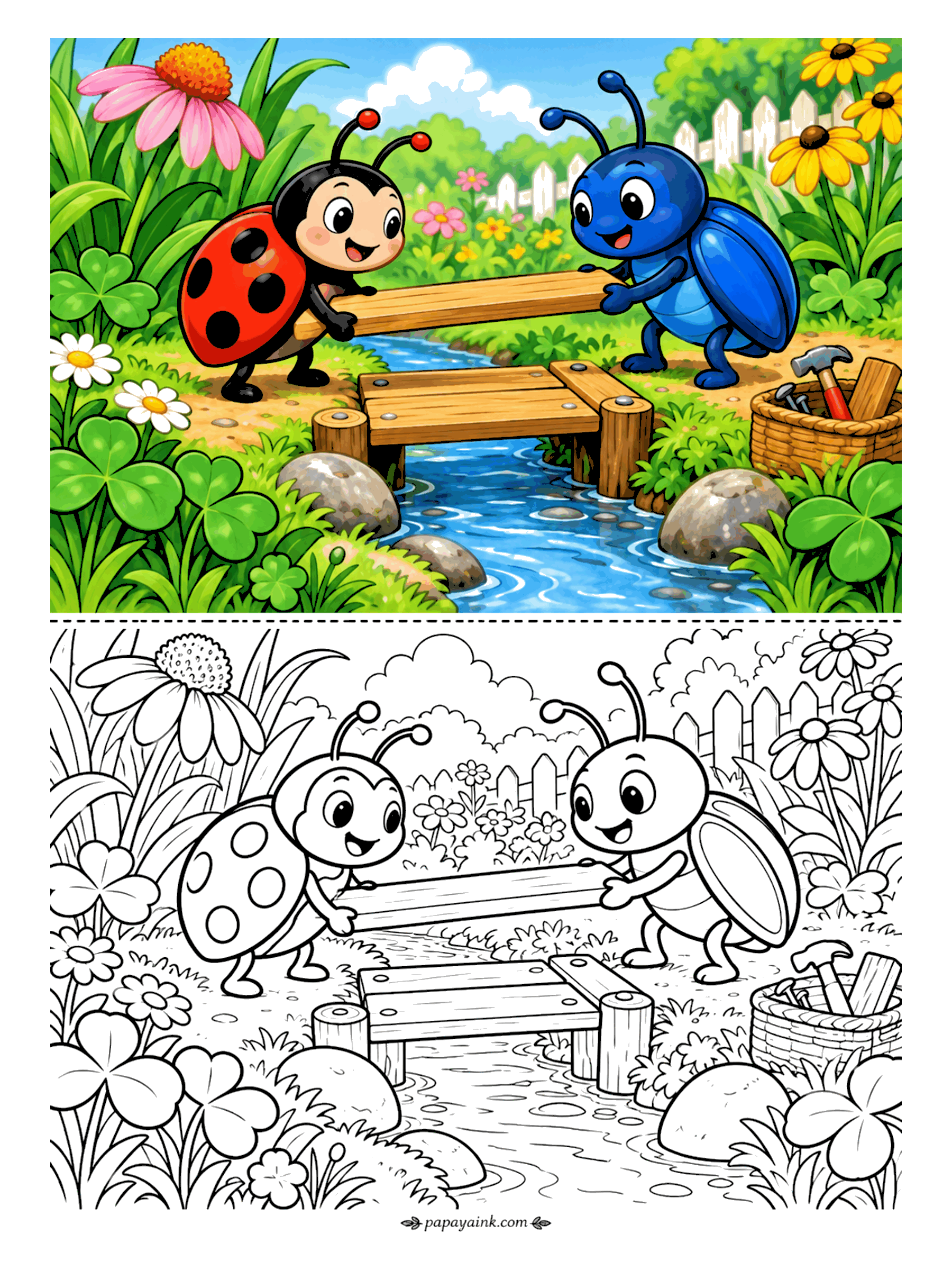 Ladybug Coloring Pages - Somebody has to carry the last plank. The ladybug and a beetle haul it over together to finish the little footbridge across the stream, a basket of tools ready with hammer and nails. Clover leaves big enough to sit on frame the scene.