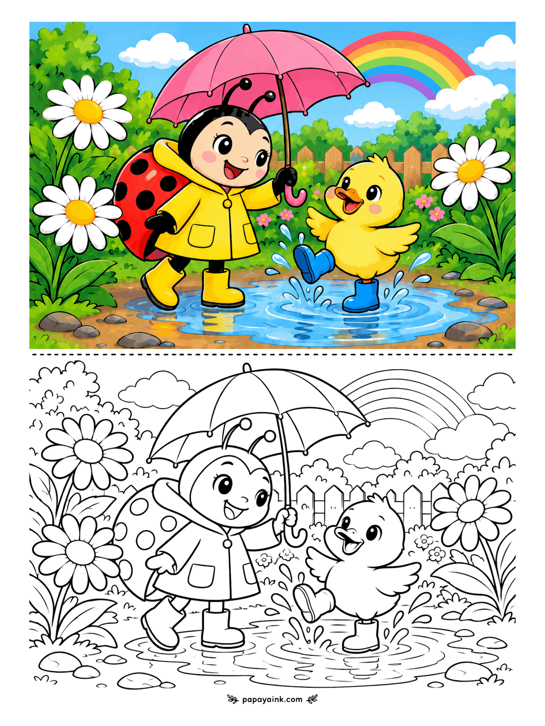 Ladybug Coloring Pages - Rain boots exist for exactly this. The duckling stomps straight into the puddle, the ladybug in a hooded raincoat keeps her umbrella up out of habit, and a rainbow has already come out over the fence.