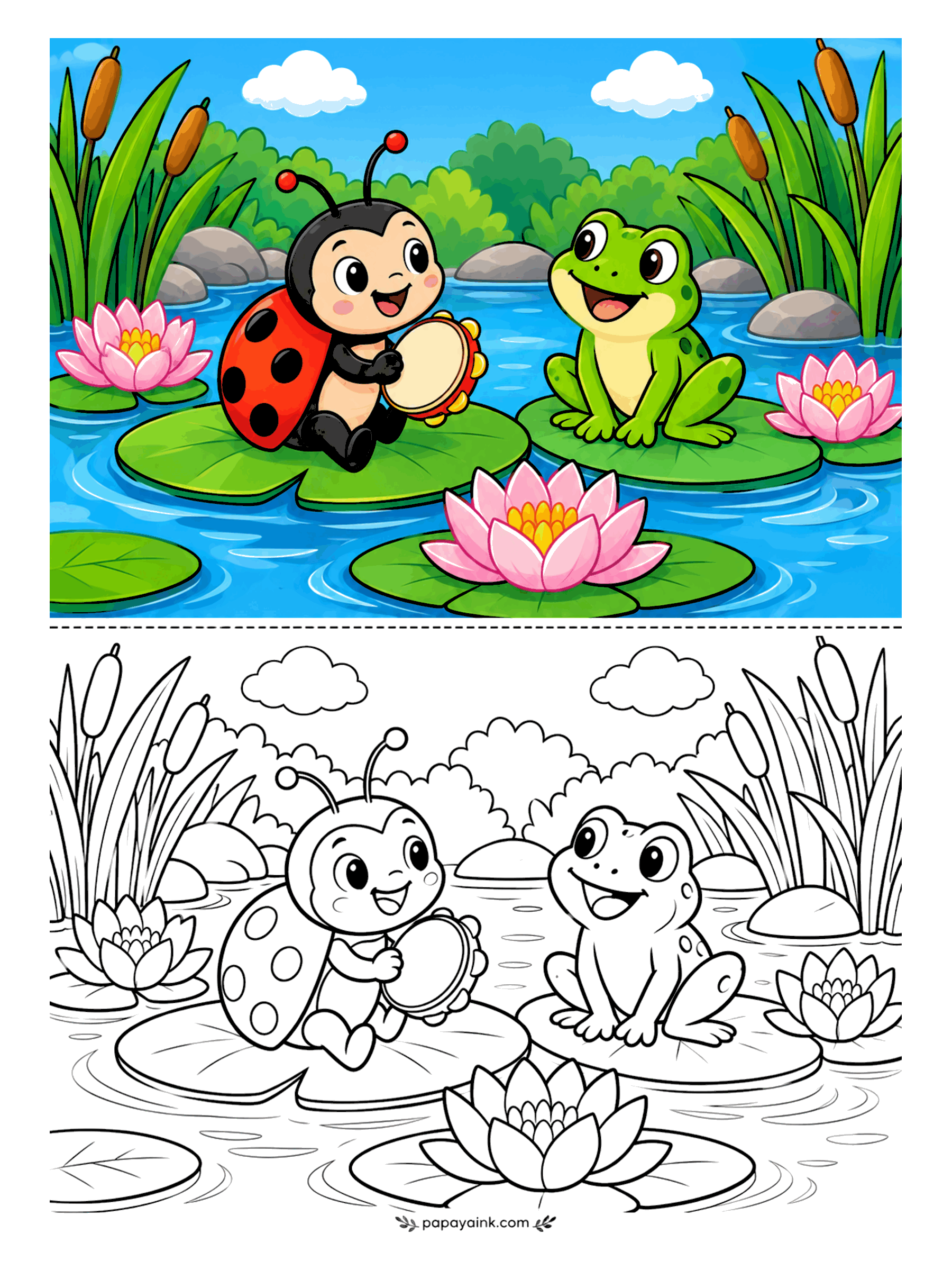 Ladybug Coloring Pages - Every band needs a rhythm section. The ladybug shakes a tambourine on her lily pad while the frog next door sings with his whole chest, cattails and water lilies crowding the pond. The water and pads are wide, calm areas - good for practicing smooth blending.