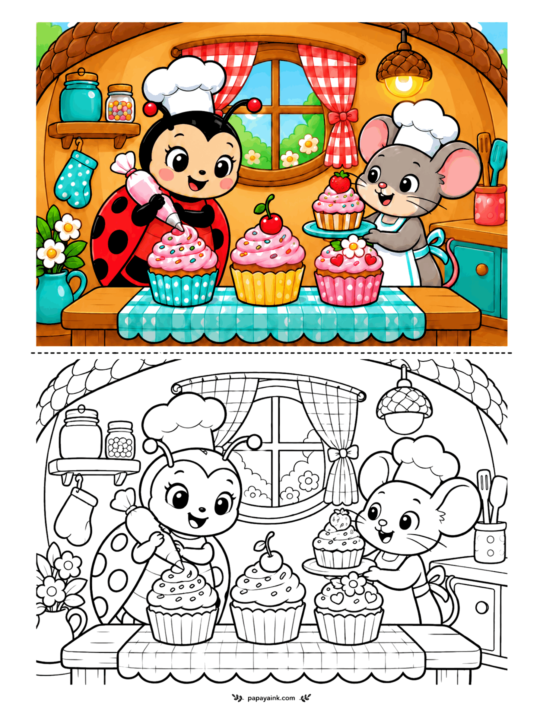 Ladybug Coloring Pages - Inside an acorn cottage, frosting is serious business. The ladybug pipes a tall swirl onto a cupcake while her mouse partner, in apron and chef's hat, brings out one topped with a strawberry. Gingham curtains and an acorn lamp finish the kitchen.