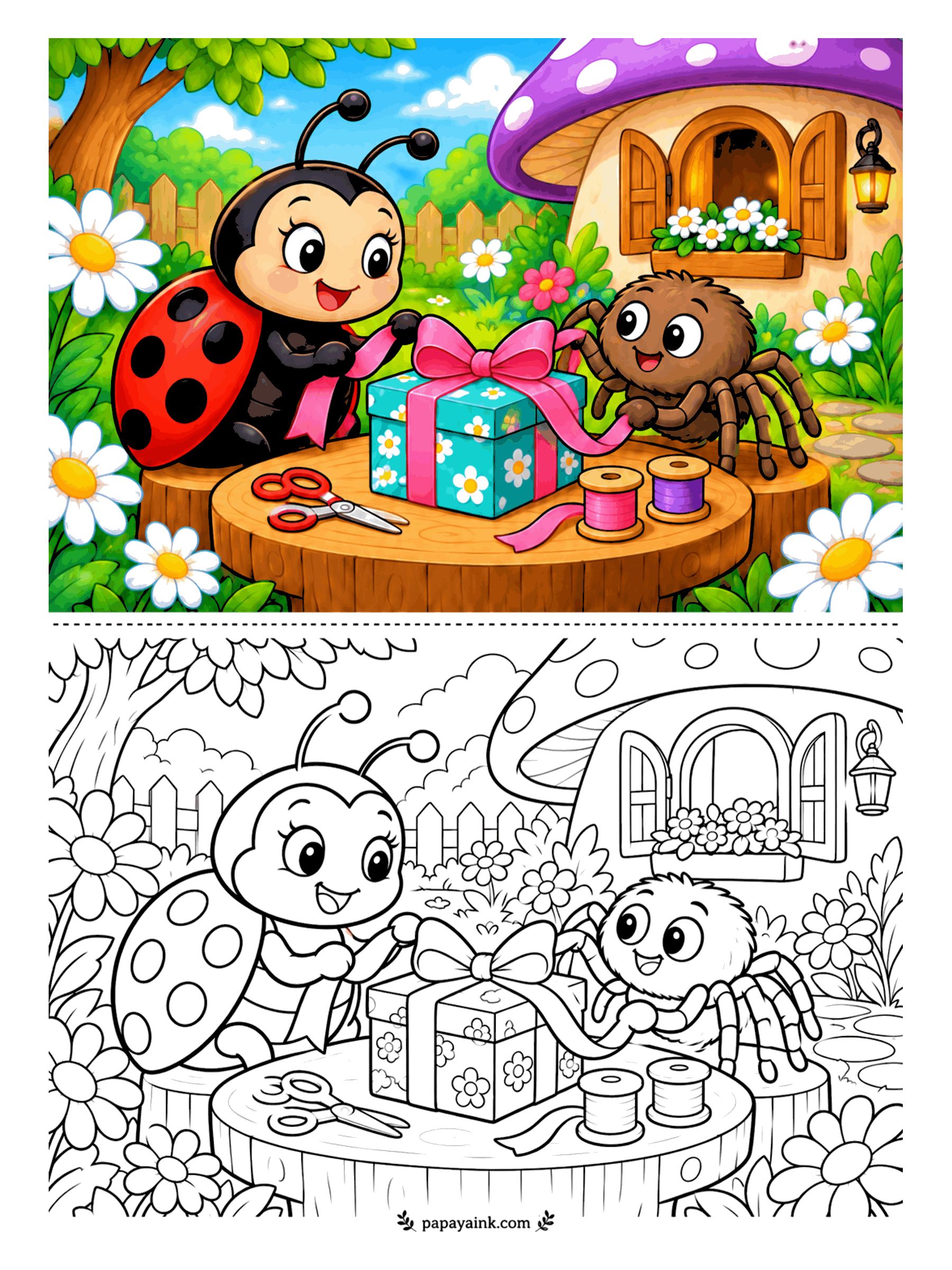 Ladybug Coloring Pages - Eight legs turn out to be very handy for gift wrap. The spider holds the ribbon tight while the ladybug ties the bow, with scissors and two spools on the stump table and a mushroom cottage behind them, lantern by the window.