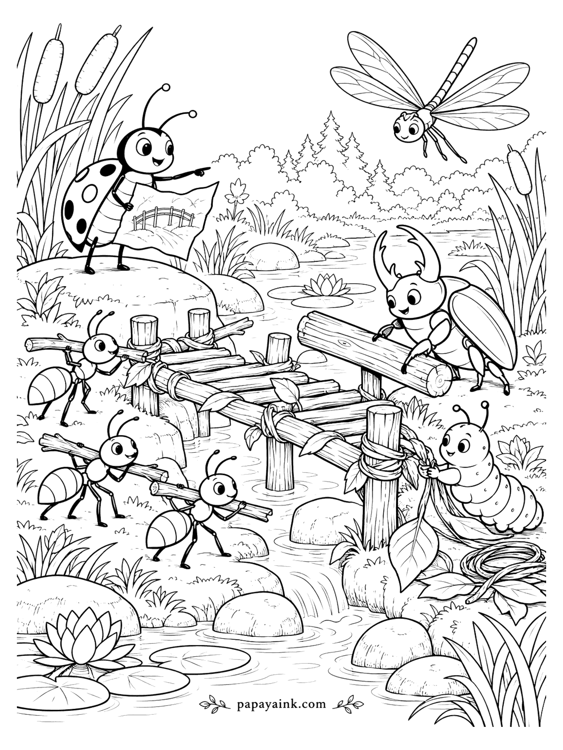 Ladybug Coloring Pages - A ladybug with a plan directs ants, a stag beetle, and a caterpillar as they build a log bridge across a pond.
