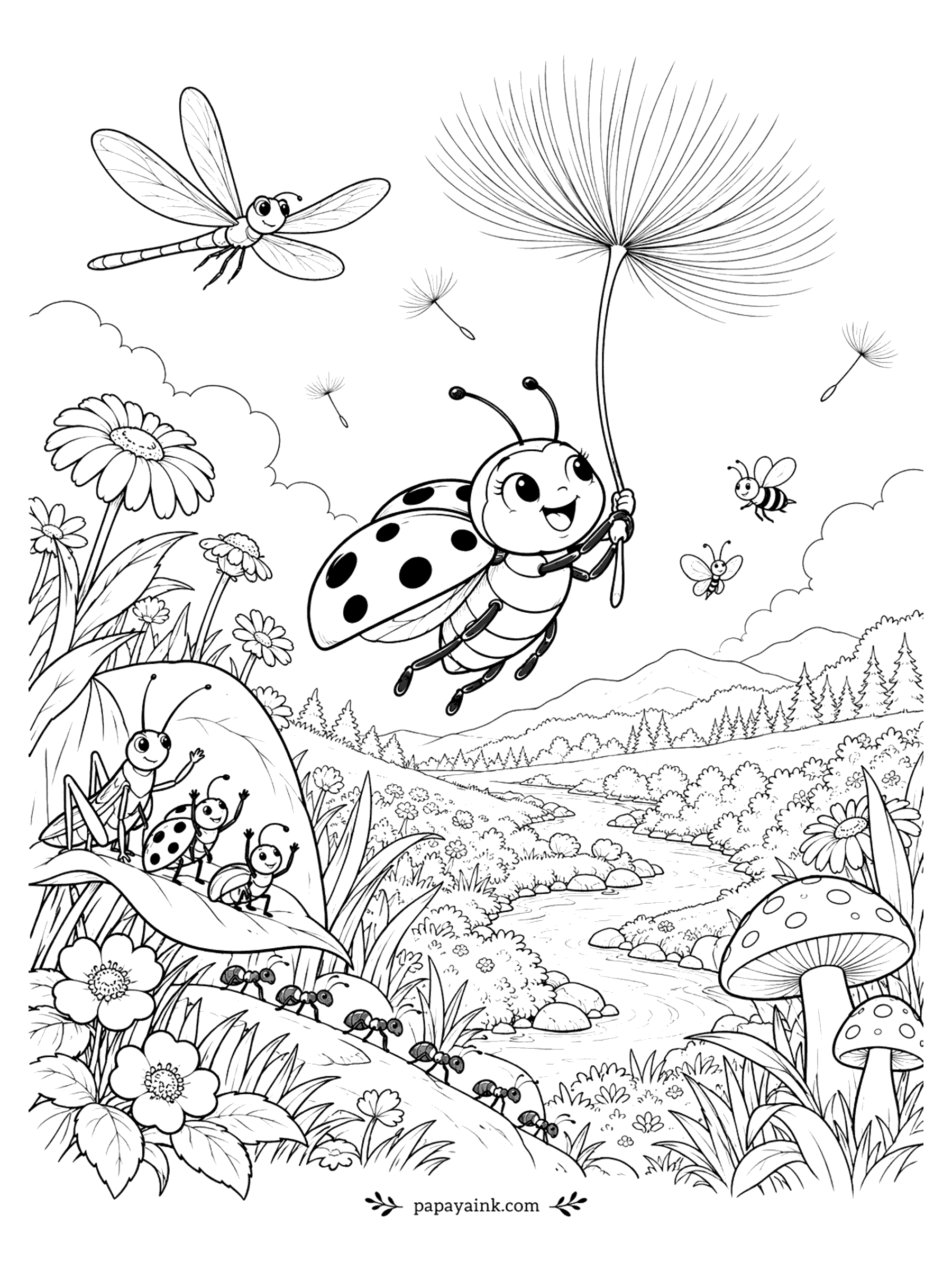 Ladybug Coloring Pages - A ladybug drifts over a meadow and river holding a dandelion seed like a parachute, while a dragonfly and bees fly by and friends wave from a leaf below. Detailed