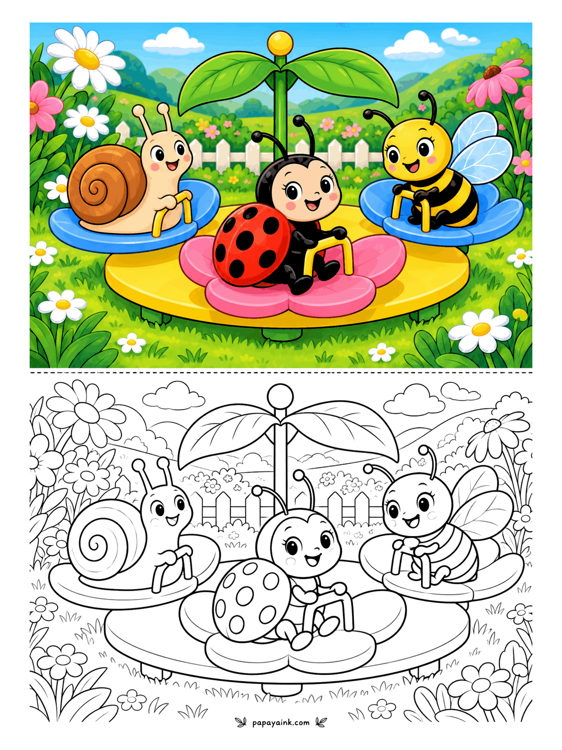 Ladybug Coloring Pages - Round and round on a flower carousel: the snail, the ladybug and the bee each have a petal seat and a handlebar of their own, under a leaf canopy that turns with them. Daisies and coneflowers line the meadow.