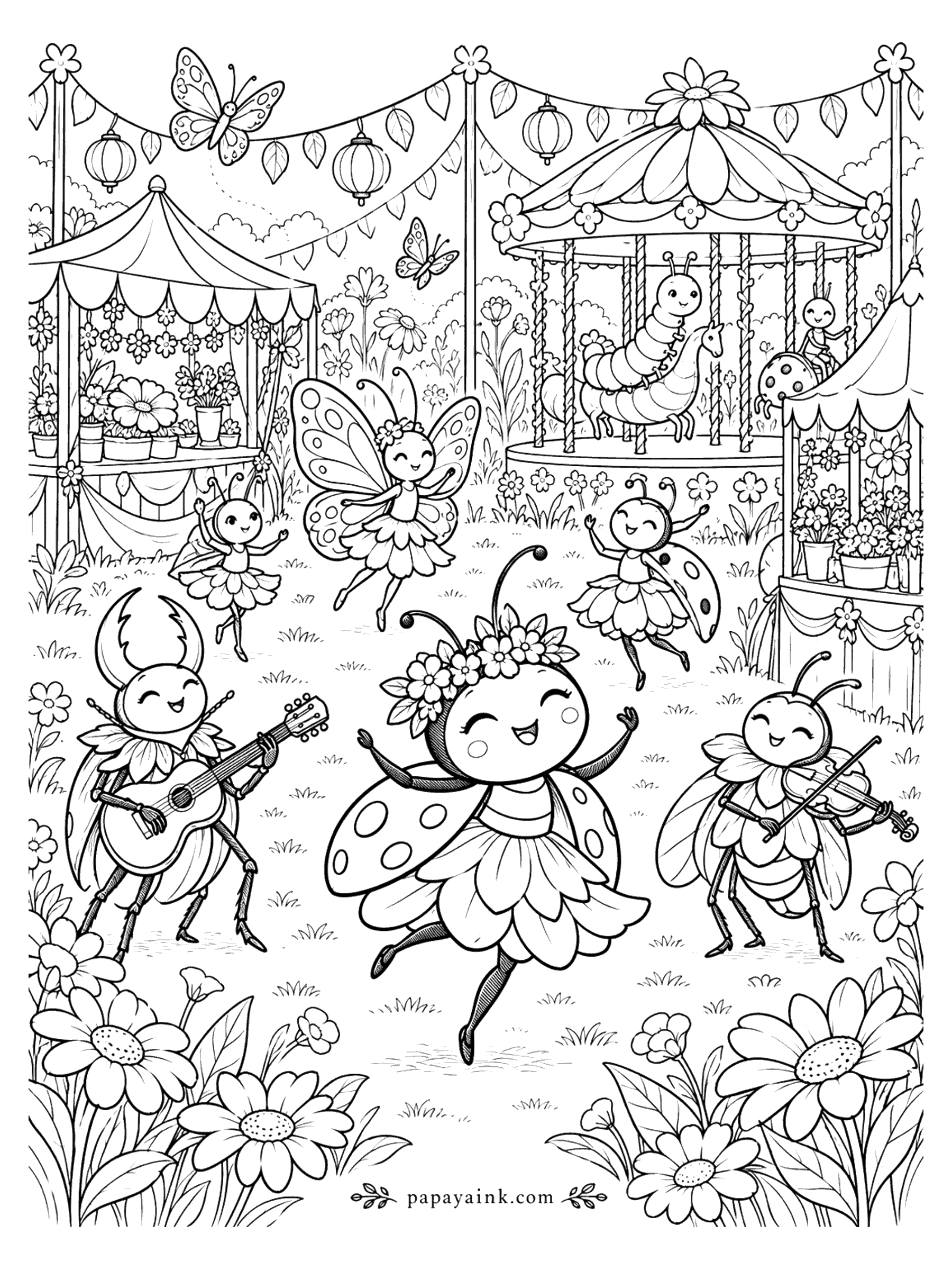 Ladybug Coloring Pages - A ladybug in a flower crown dances at a garden fair with a beetle guitarist, a bee violinist, and a carousel in the background. Detailed
