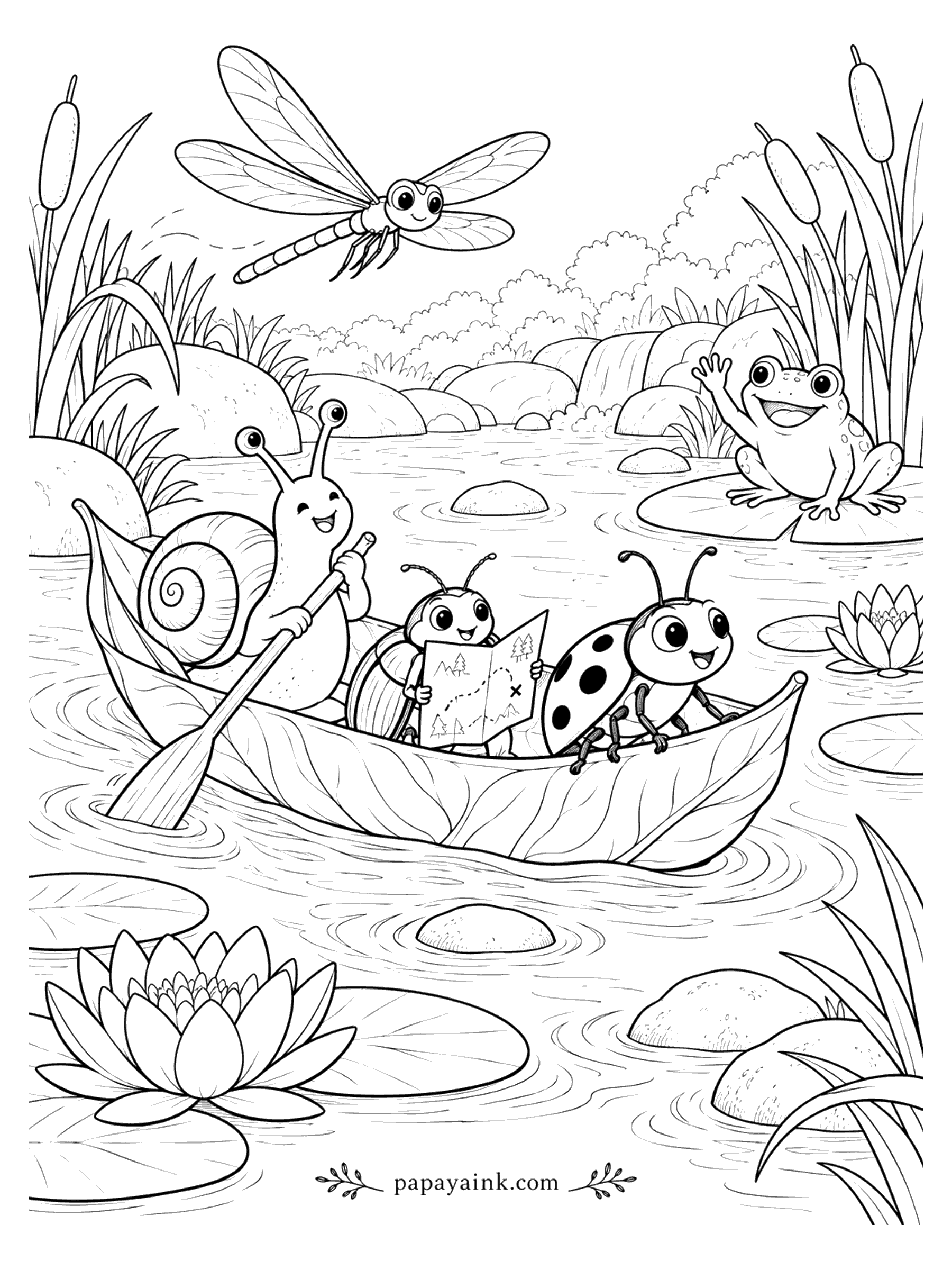 Ladybug Coloring Pages - A ladybug, a beetle with a map, and a snail paddle a leaf boat across a lily pond while a frog waves from a lily pad.