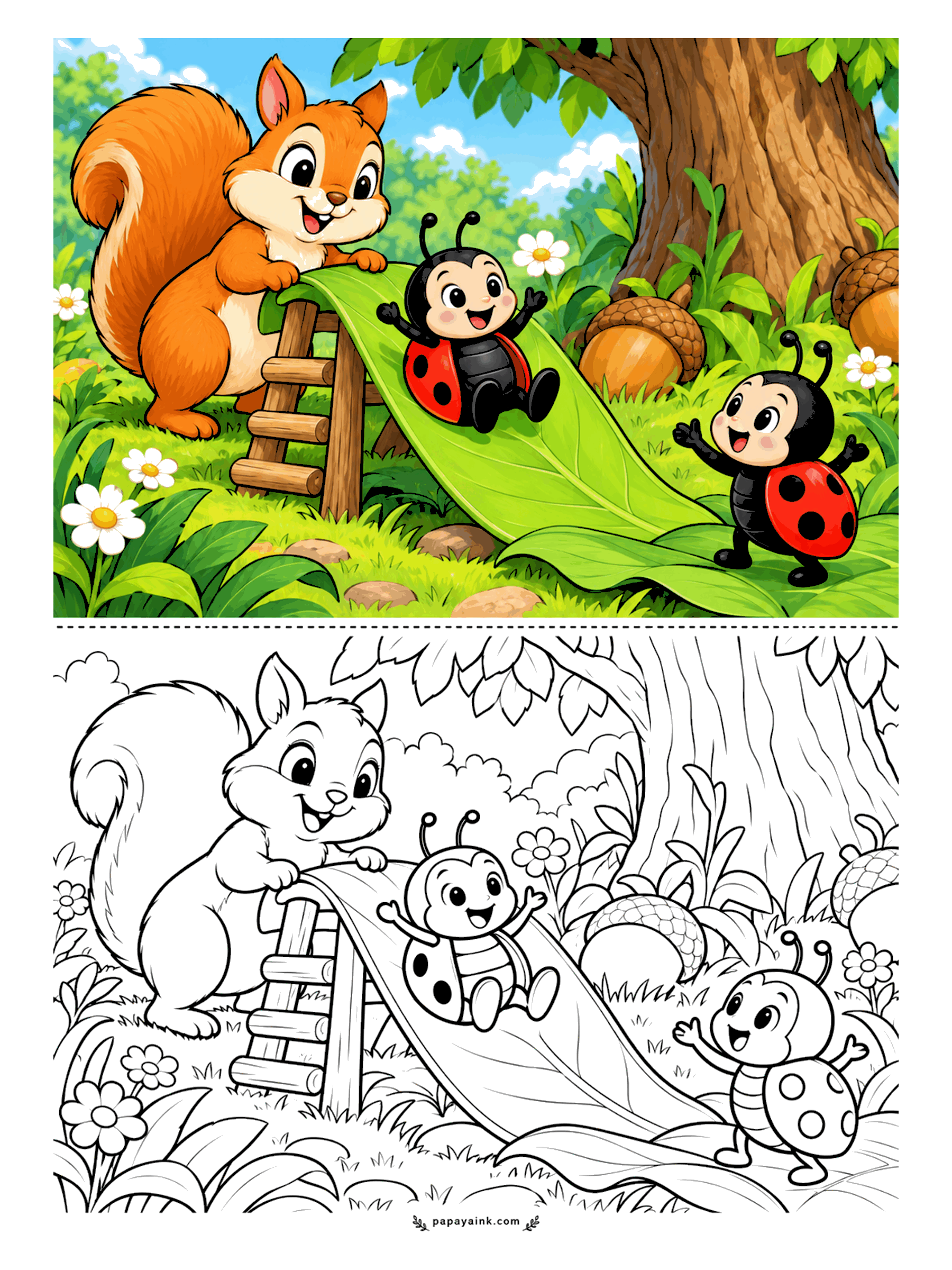 Ladybug Coloring Pages - Oak tree playground: the squirrel holds the top of a leaf slide steady, one ladybug zooms down with arms in the air, and the next one cheers from the bottom, waiting for a turn. Acorns the size of boulders lie under the tree.