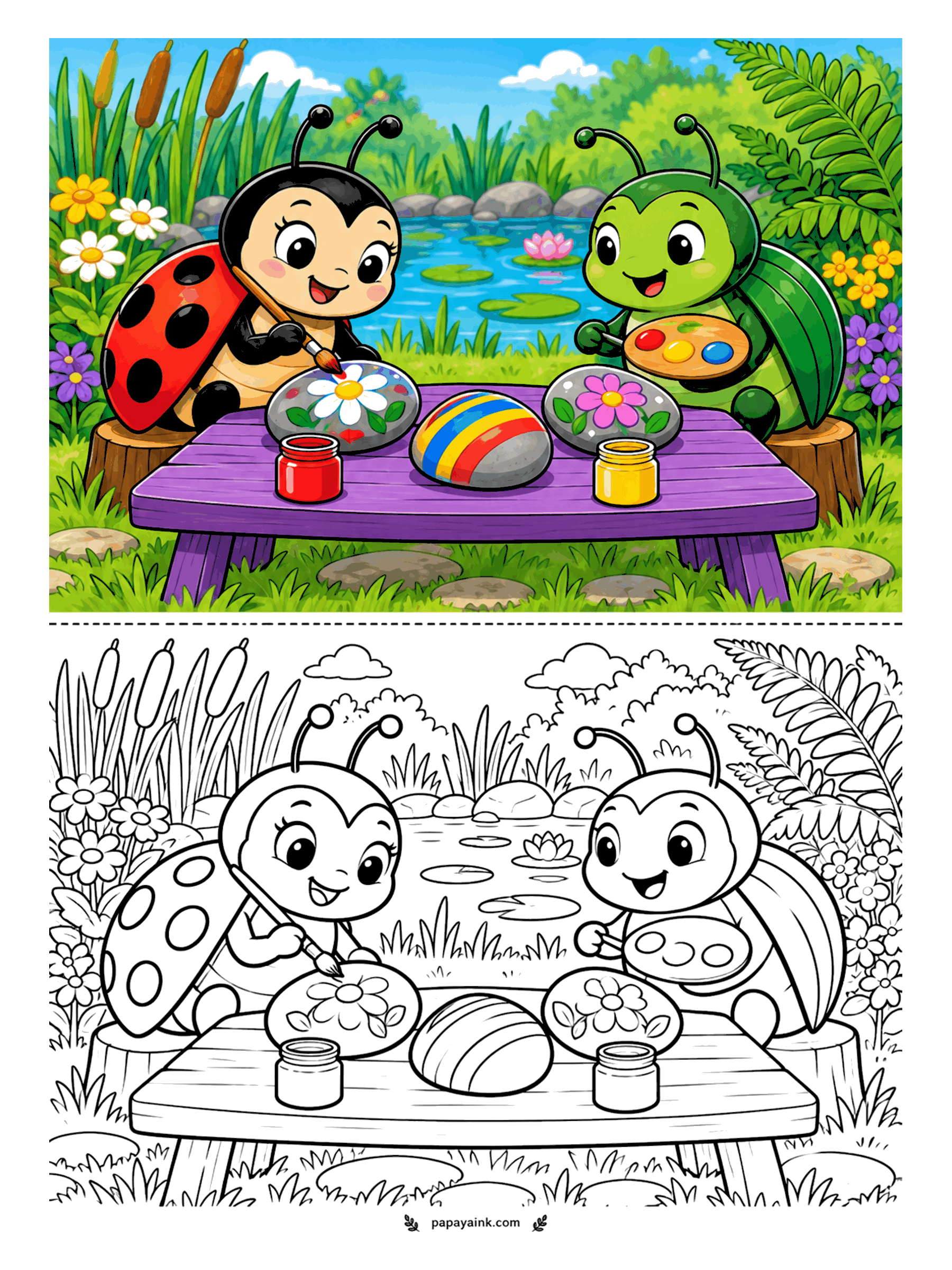 Ladybug Coloring Pages - Pond-side art class. The ladybug paints a daisy on a smooth stone, her green beetle friend mixes colors on a palette, and a striped pebble is already drying between the paint jars. Color the page, then try the same idea on a real garden stone.