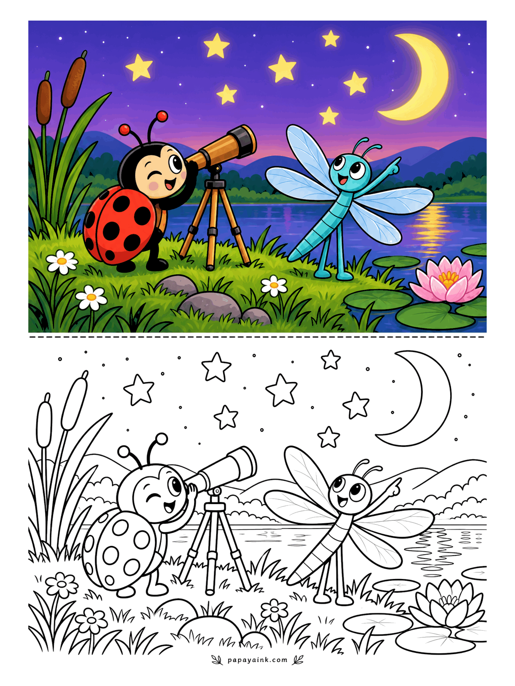 Ladybug Coloring Pages - One eye shut, one eye on the moon. The ladybug looks through her telescope by the lake while the dragonfly points out a star she missed. Color the sky first, dark and even, and the stars will pop on their own.