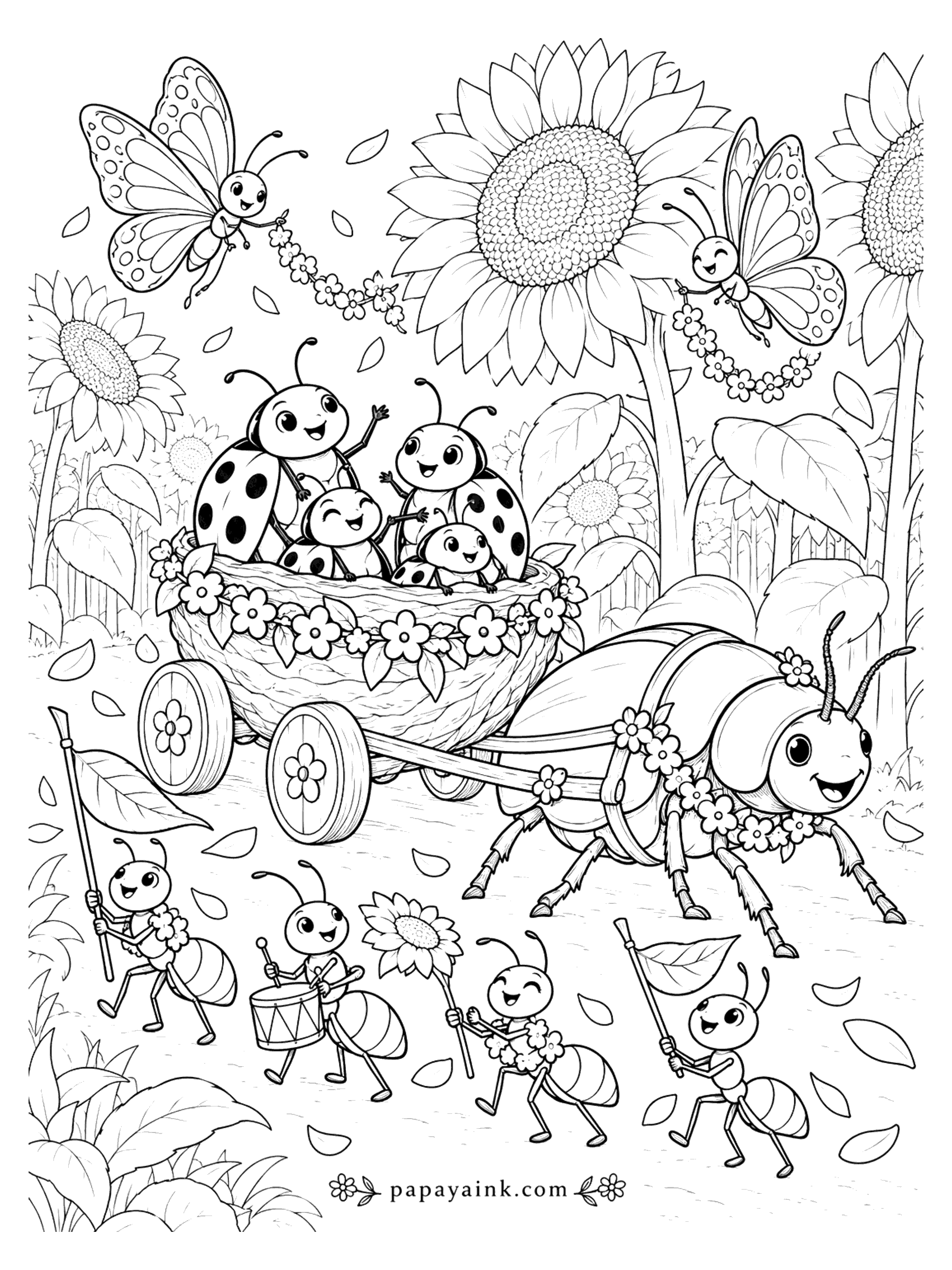 Ladybug Coloring Pages - Ladybugs ride in a flower-trimmed nutshell cart pulled by a beetle, with an ant marching band and butterflies among the sunflowers. Detailed
