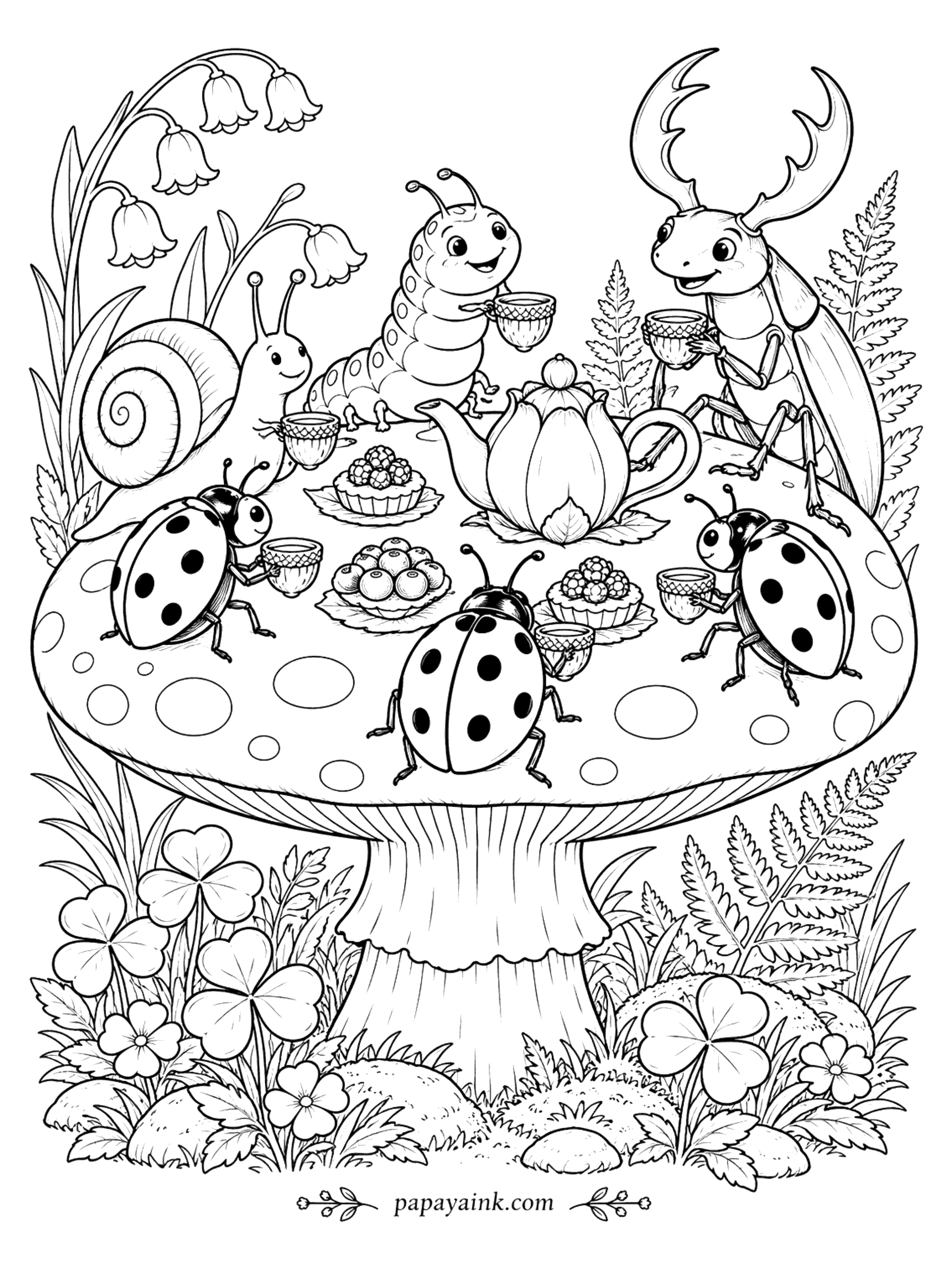 Ladybug Coloring Pages - Ladybugs, a snail, a caterpillar, and a stag beetle share tea and berry tarts on top of a big spotted mushroom.