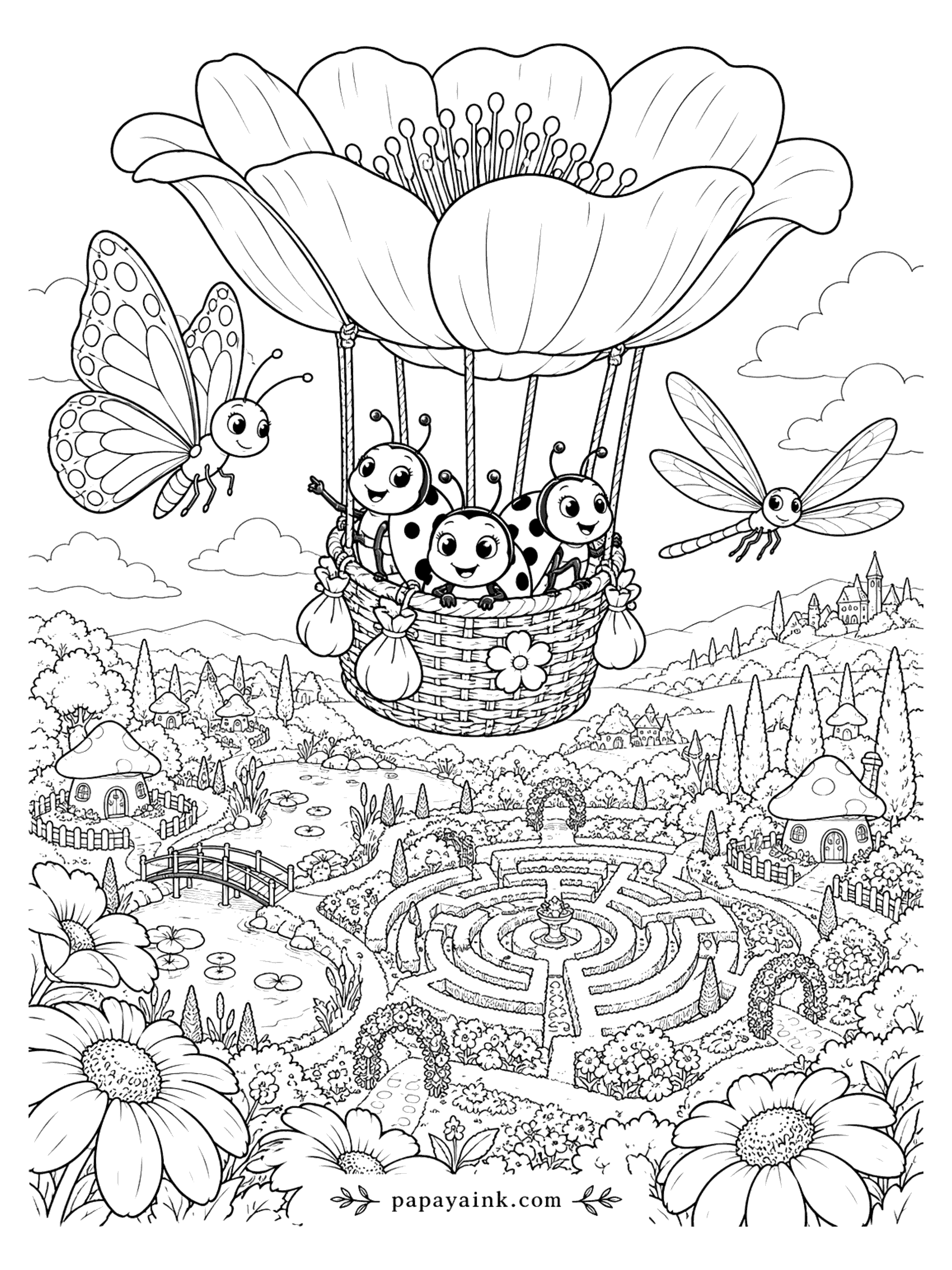 Ladybug Coloring Pages - Three ladybugs sail in a blossom-shaped hot-air balloon above a garden maze, mushroom houses, and a lily pond. Detailed