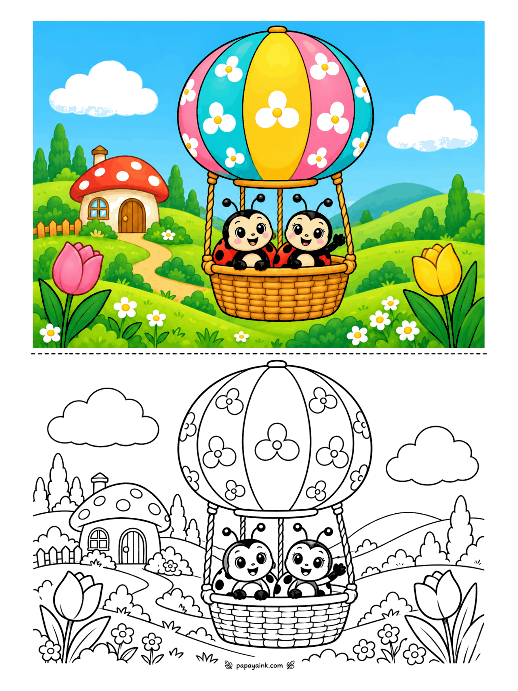 Ladybug Coloring Pages - The balloon is covered in flowers, and so is everything below it. Two ladybugs wave from the basket as they drift away from a red mushroom house, tulips standing tall at the edges. Simple shapes and plenty of sky - a relaxed page.