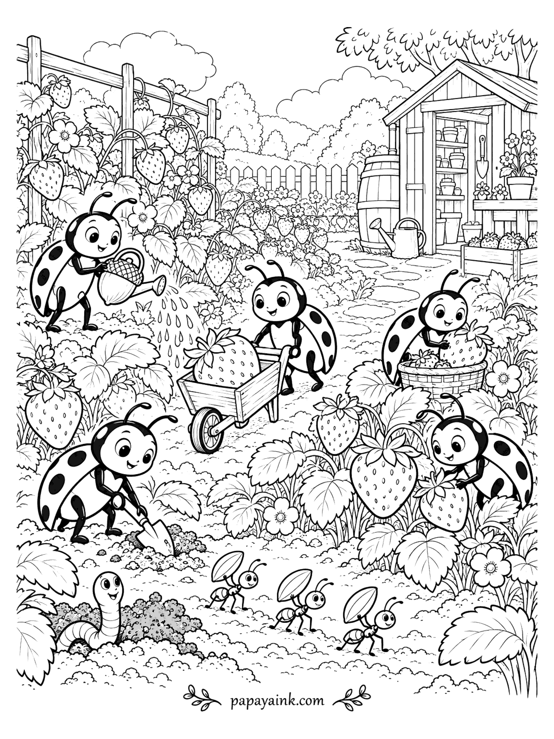 Ladybug Coloring Pages - Ladybugs water, dig, and harvest giant strawberries in a garden with a wheelbarrow, a shed, and a line of ants.
