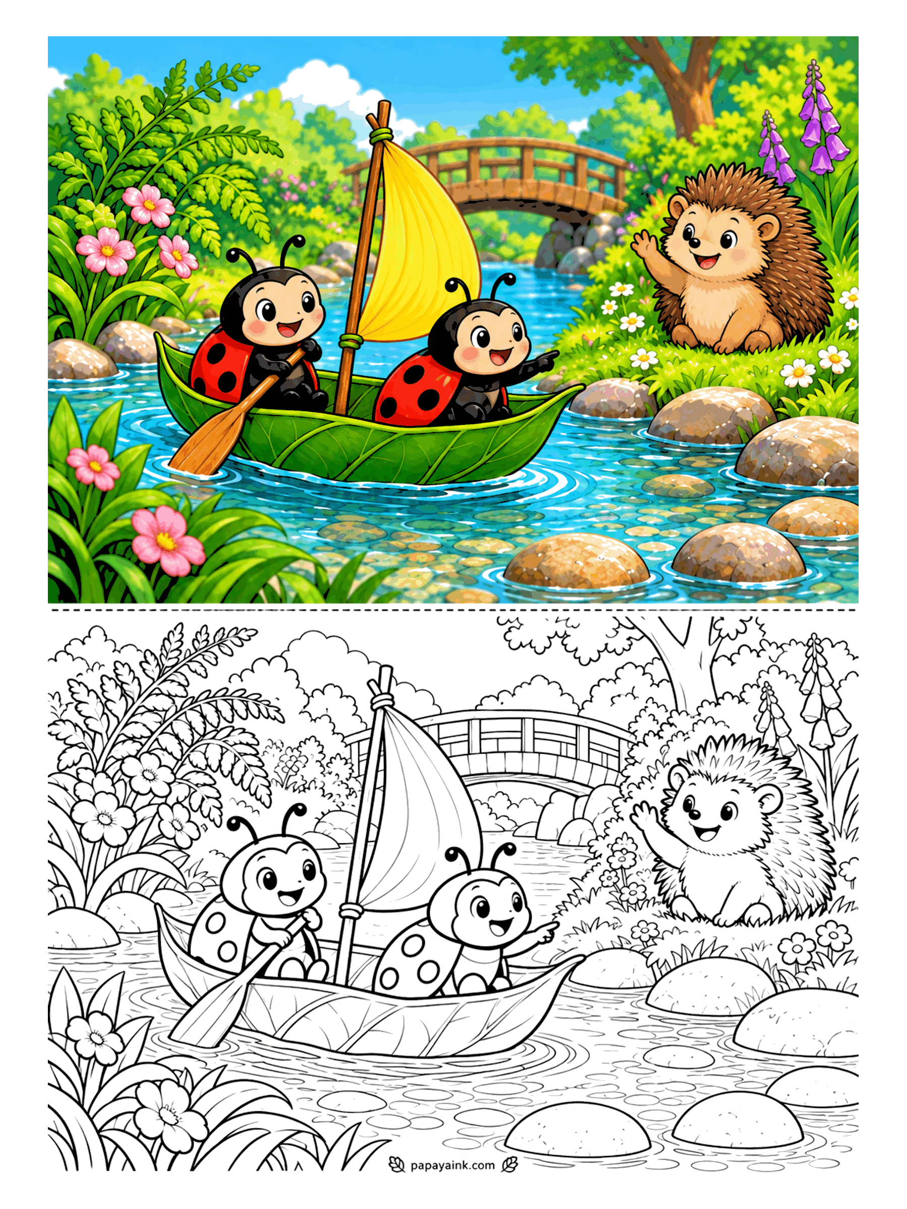 Ladybug Coloring Pages - Captain points, crew paddles. Two ladybugs steer a leaf sailboat down a clear stream, a hedgehog waves from the bank, and an arched footbridge waits around the bend. Detailed - ferns, foxgloves and a riverbed full of pebbles.