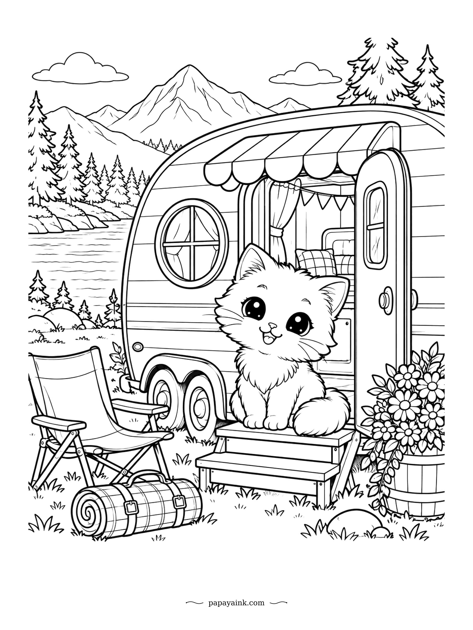 Kawaii Cat Coloring Pages - A vintage camper with a scalloped awning, a folding chair and a rolled blanket - and a kitten on the step who seems to be in charge of the trip. Pines and mountains rise across the lake. Detailed and full of camping gear.