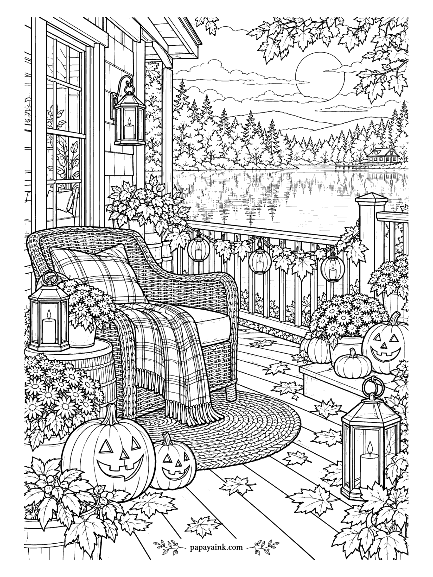 Halloween Coloring Pages for Adults - Wicker chair with a plaid blanket on a deck over the lake, lanterns strung along the rail, mums in barrels and jack-o'-lanterns by the steps, pines and a cabin across the water. Leave the lake pale so the reflections read.