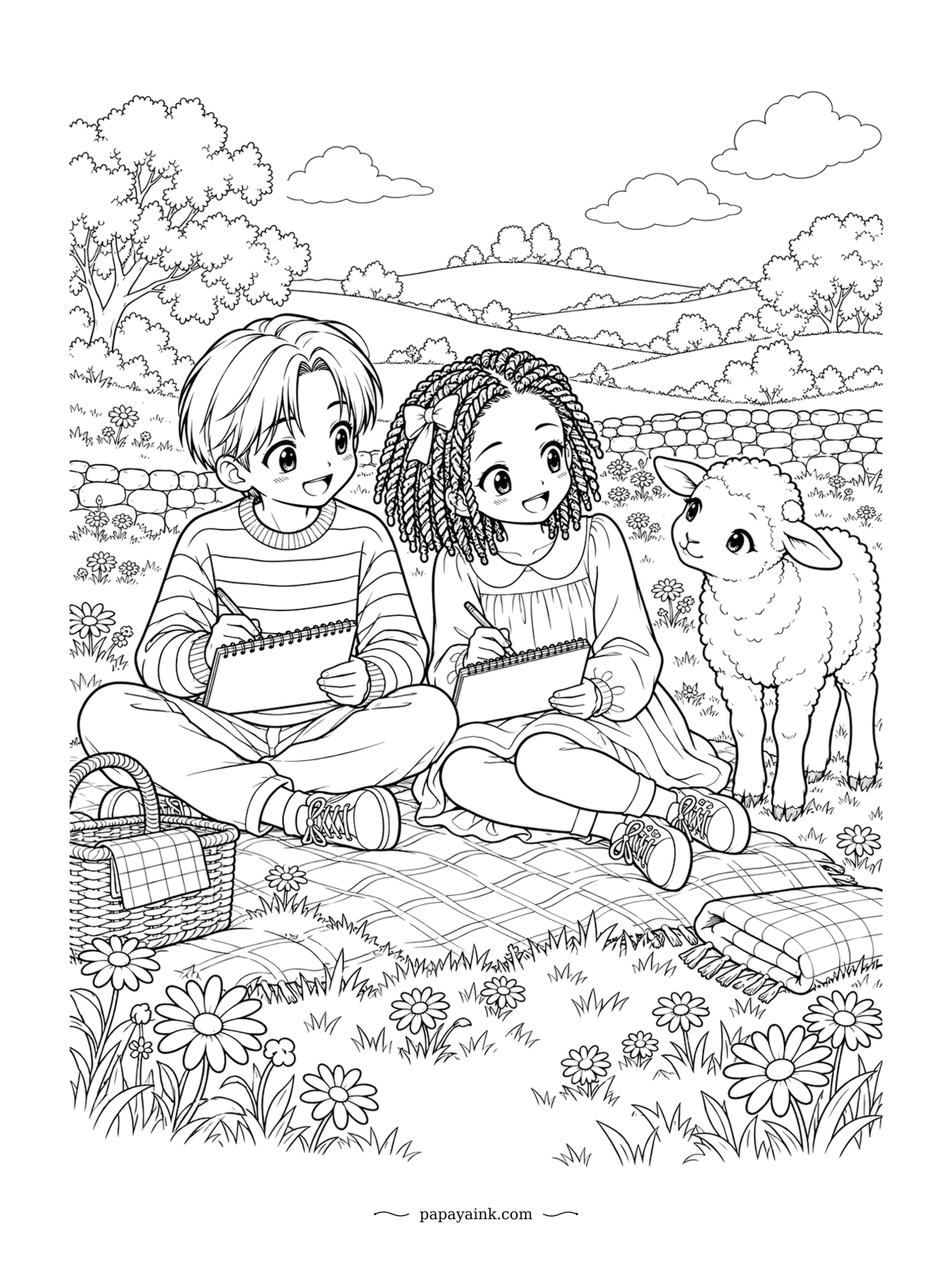 Cute Anime Coloring Pages - Sketchbooks out on a plaid picnic blanket, the young artists draw the lamb that has wandered up to inspect the drawings. A stone wall and rolling hills stretch behind. Daisies everywhere - perfect for a gentle spring palette.